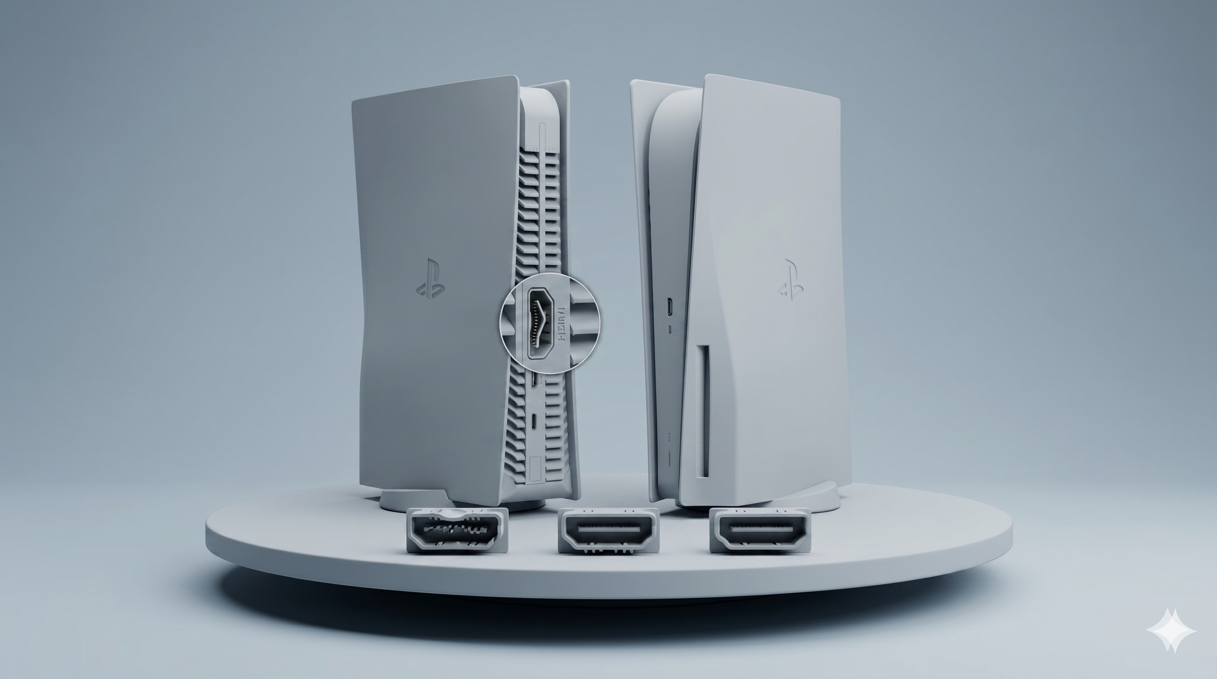 Zwei weiße PlayStation 5 Konsolen stehen auf einem runden weißen Tisch, mit drei HDMI-Kabeln im Vordergrund und einer blauen Hintergrundwand.