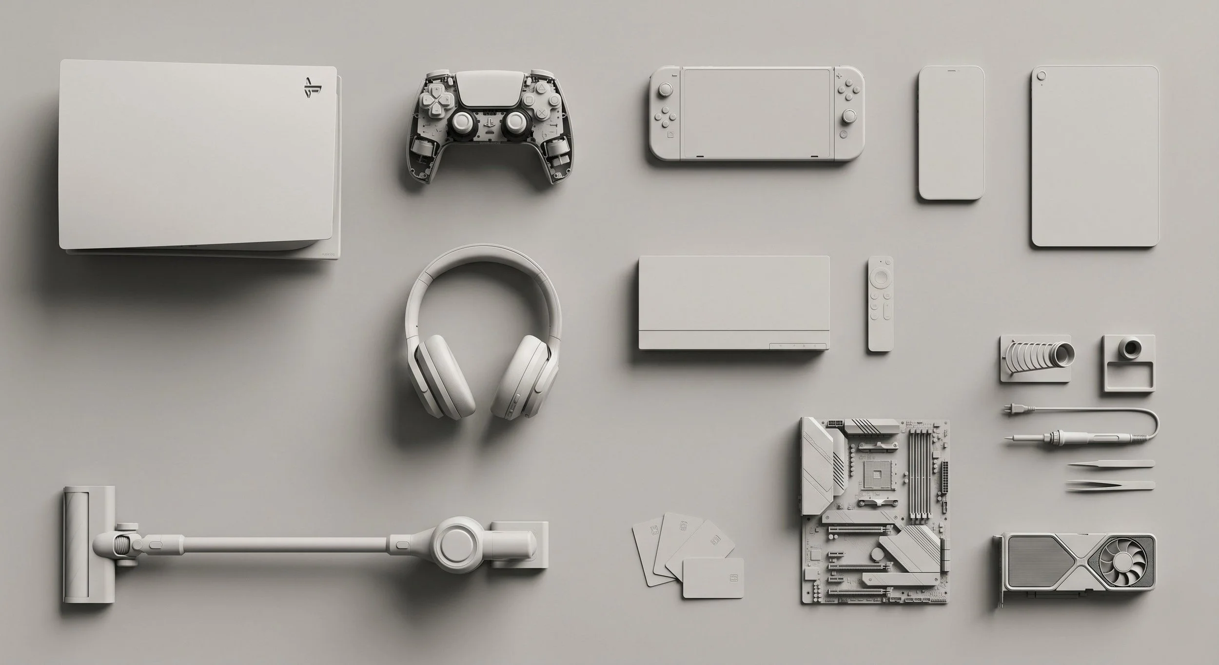 Weißes Elektronikzubehör und Geräte, darunter ein Spielkonsole, Controller, Smartphone, Kopfhörer, Laptop, Motherboard, Kabelzubehör und weitere technische Komponenten, alles in weiß.