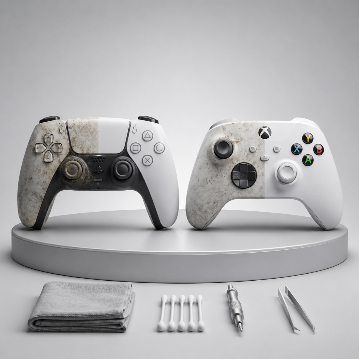 Zwei Gaming-Controller, einer für PlayStation und einer für Xbox, auf einem runden weißen Podest mit Reinigungs- und Pflegeutensilien, die auf einem weißen Tisch liegen.