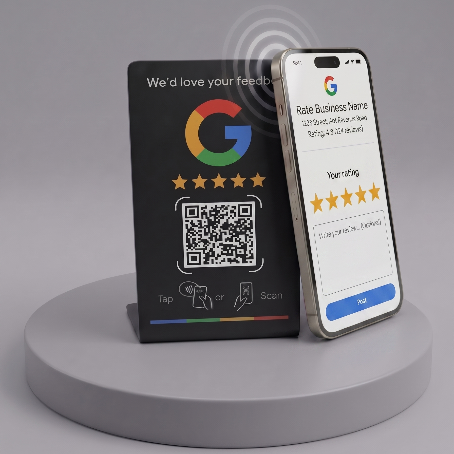 Smartphone zeigt eine Bewertungsseite für ein Unternehmen mit den Sternenbewertungen und einem Textfeld für eine Rezension, daneben ein schwarzer Bildschirm mit einem Google-Logo und einem QR-Code.