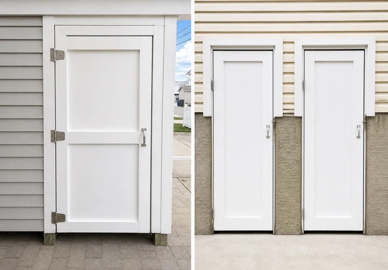 Comparison of two sets of white doors on different buildings, with the door on the left being smaller and on a porch with steps, and the doors on the right being taller and set into a wall.