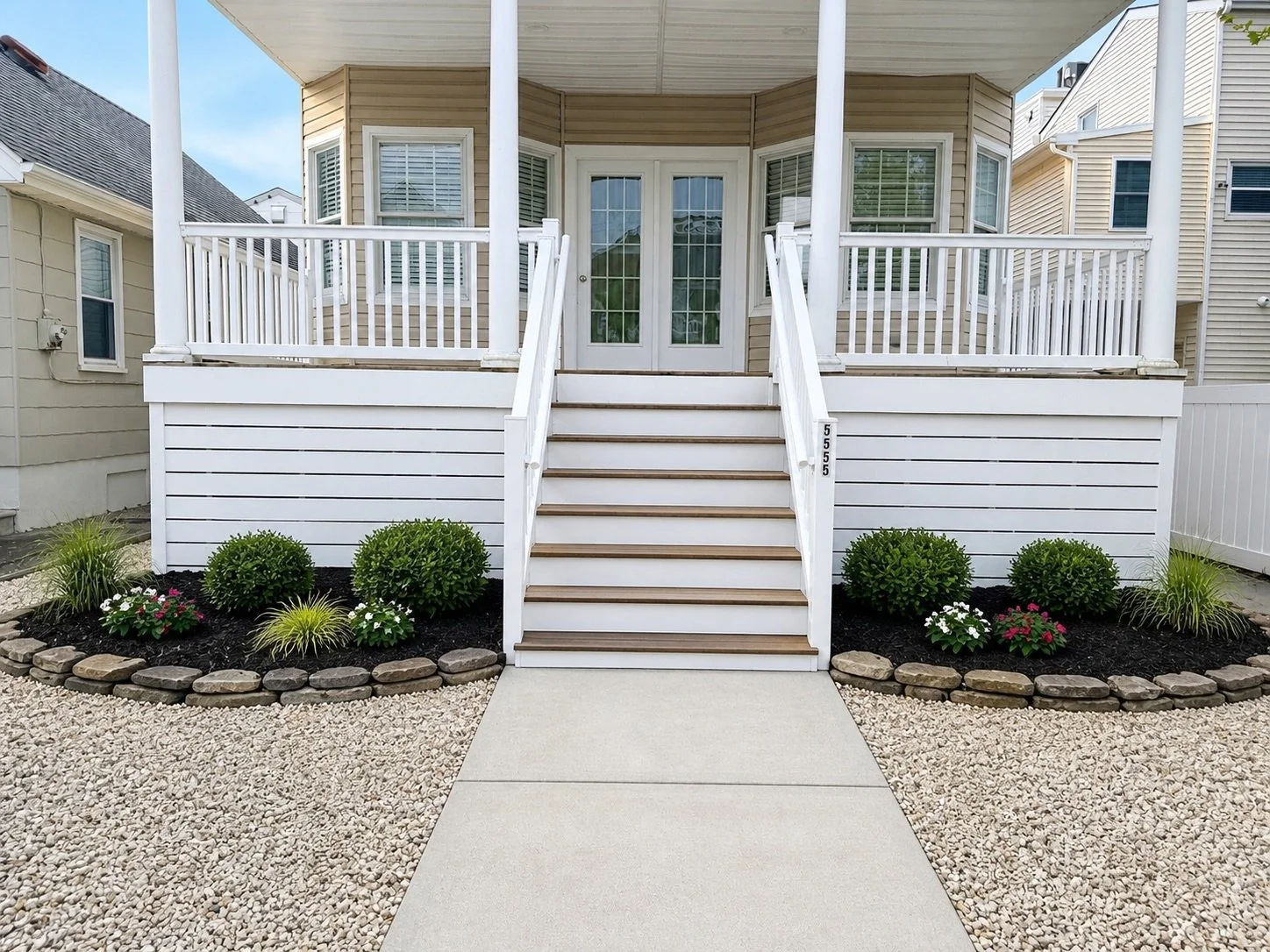 Front view of a house with a porch, white stairs, and garden bed with bushes and flowers.