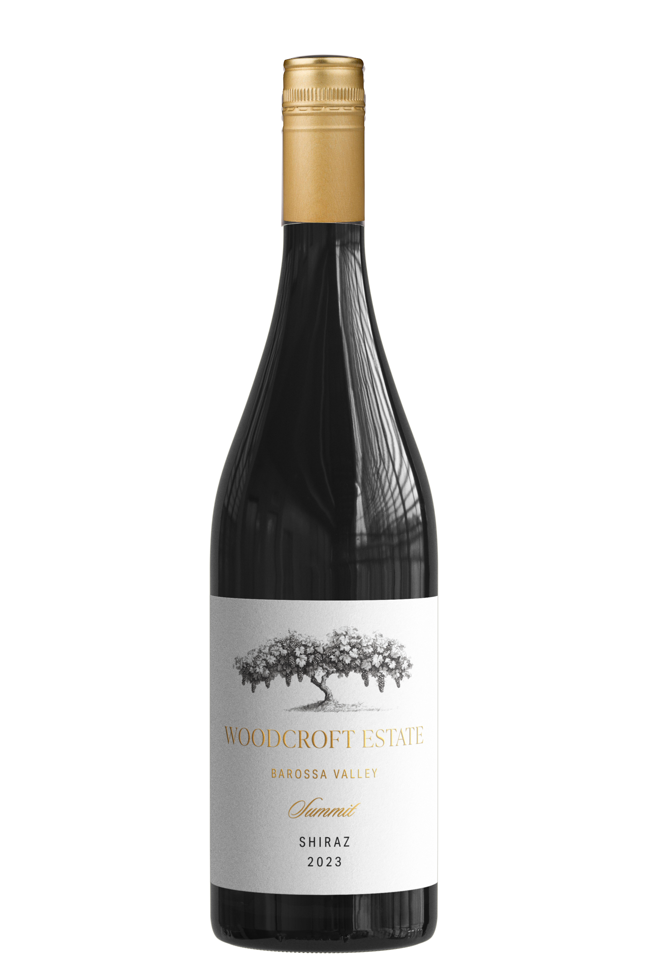 A bottle of Woodcroft Estate Summat Shiraz wine from Barossa Valley in 2023 with a white label featuring an illustration of a tree and the wine's name.
