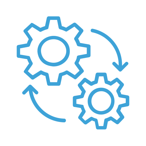 Two blue gear icons connected by circular arrows indicating a process or workflow.