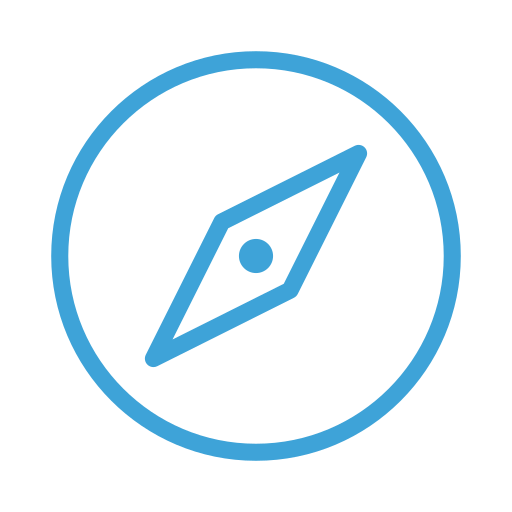 Icon of a compass with a blue outline on a black background.