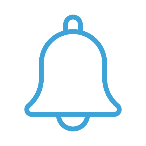 Blue line drawing of a bell on a black background