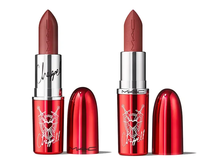 MAC viva la glam x chappell roan Lustreglass Sheer-Shine Lipstick in Roan of Arc and MACximal Silky Matte Lipstick in Unnatural Redhead 