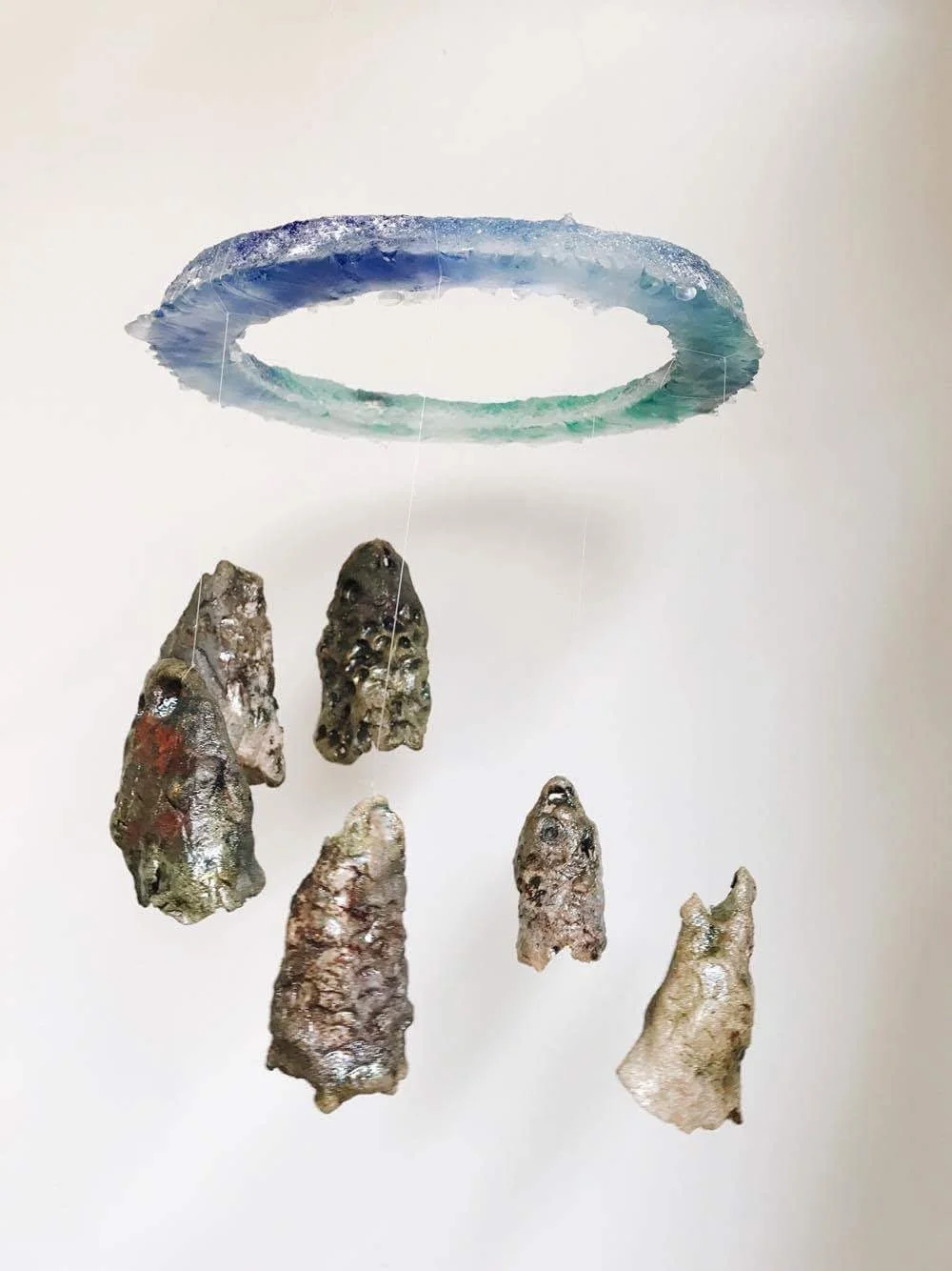 Archive, fish head mobile (ceramic raku fired and glass)