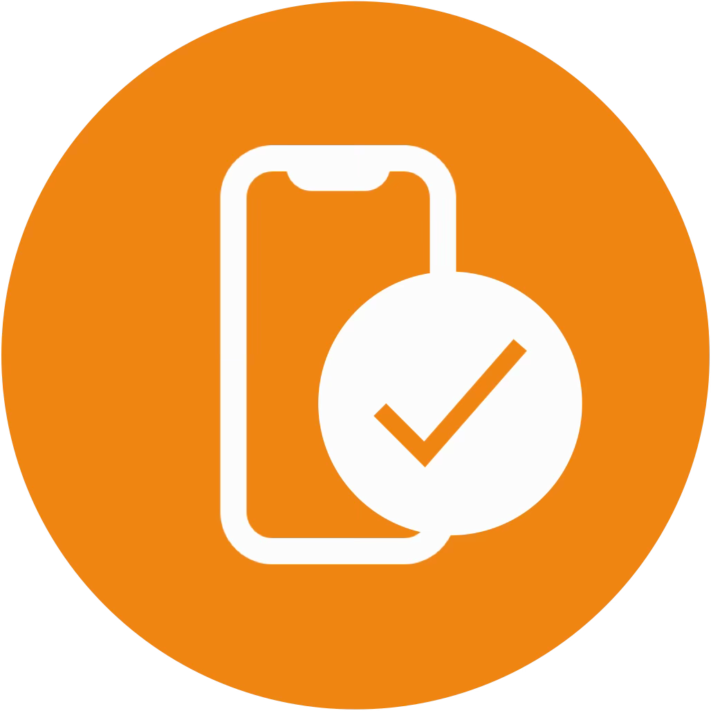 Icon of a smartphone with a check mark inside a circle on it, on an orange background.