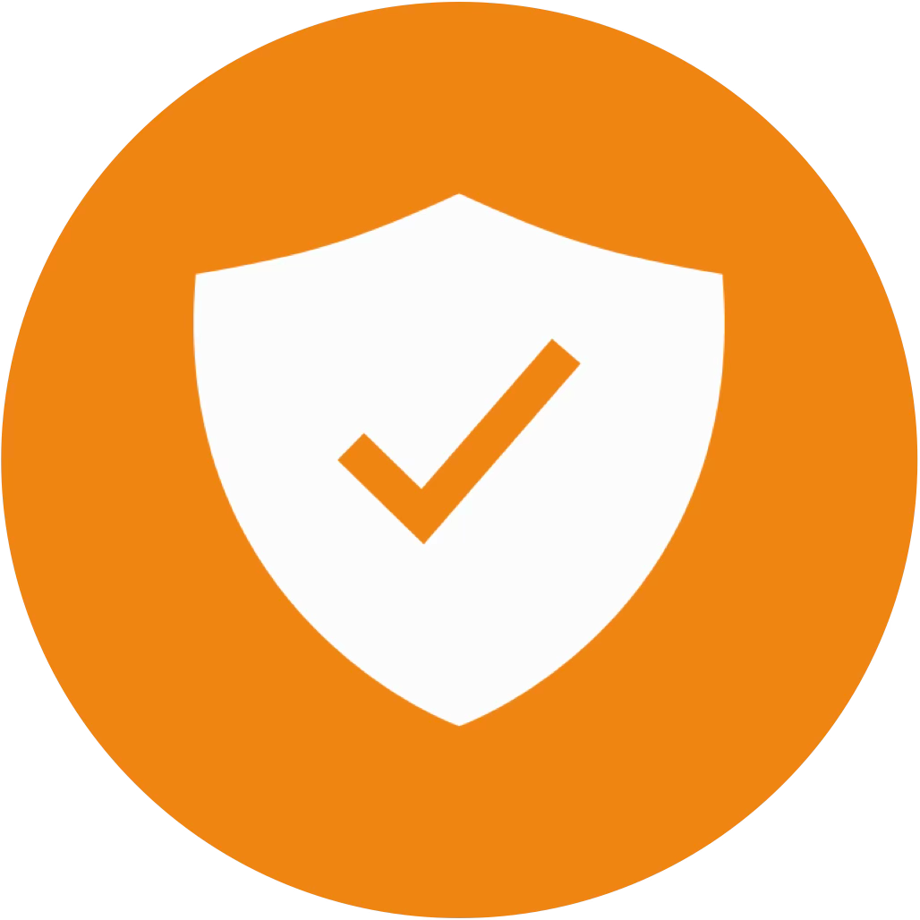 Orange circular icon with a white shield and a checkmark inside the shield.