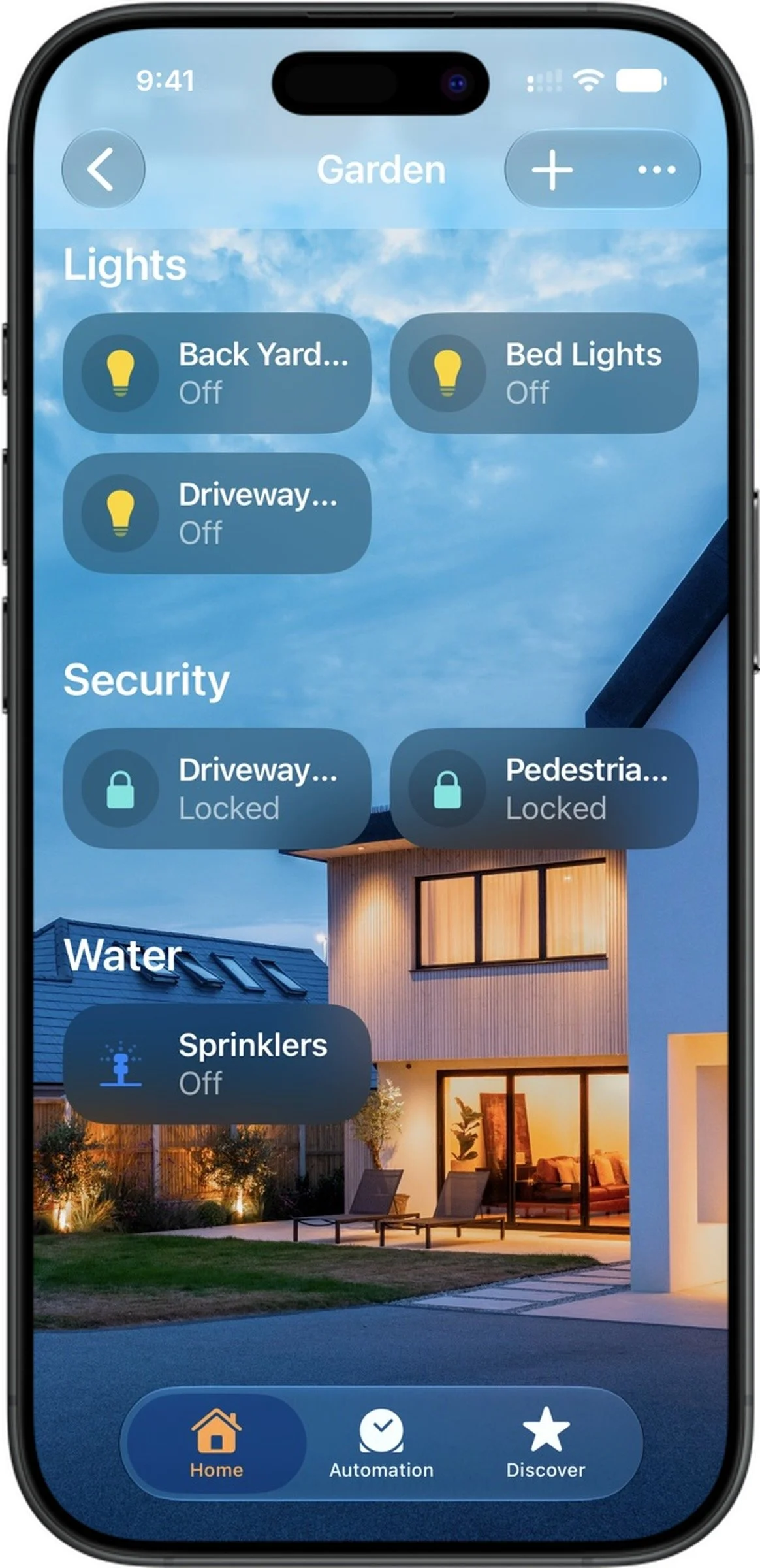 Smartphone screen showing a home automation app with controls for lights, security, and water in a modern house.