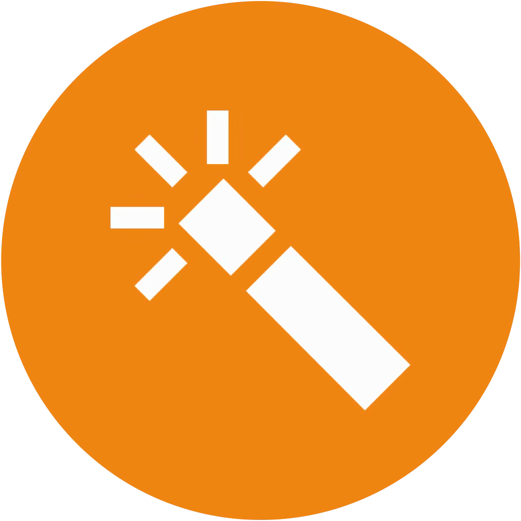 Icon showing a white hammer striking a diamond-shaped object with lines radiating outward, on an orange circular background.