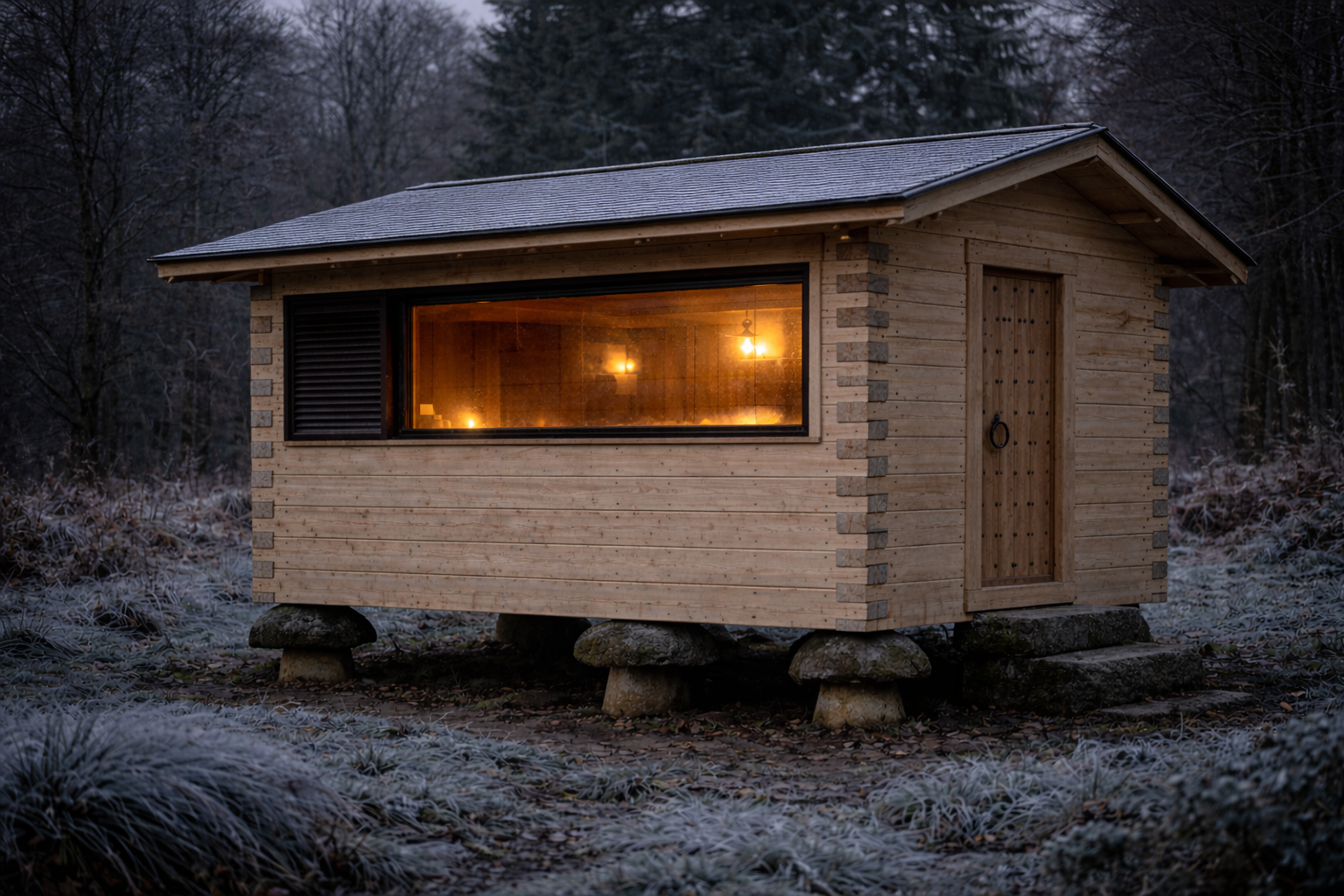 solid larch walled sauna building on staddle stones
