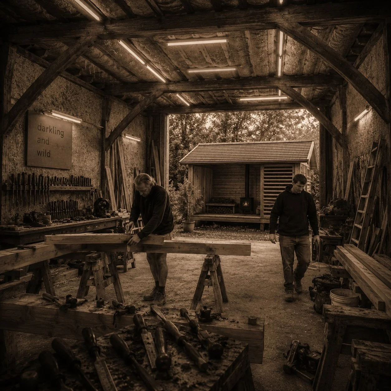Craftsmen building bespoke outdoor saunas inside the darkling and wild workshop.