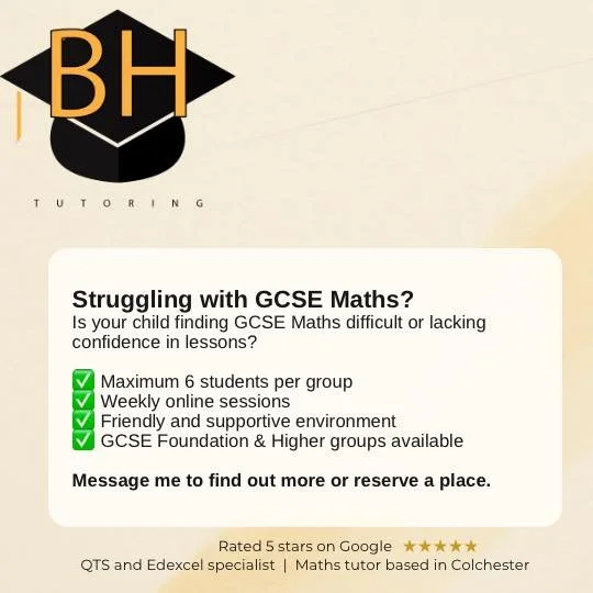My small-group online tuition sessions provide students with the support they need to improve their understanding, ask questions confidently and build exam skills.

Message me to find out more or reserve a place.
#GCSEMaths #Colchester #MathsTutor #c