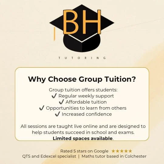 Group tuition offers students:
✔ Regular weekly support 
✔ Affordable tuition 
✔ Opportunities to learn from others 
✔ Increased confidence

Limited spaces available. Message now to find out more! 
#colchestertutor #colchester #essextutors #gcsemaths
