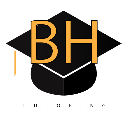 Logo with a black graduation cap and the letters 'BH' in large orange font, and the word 'TUTORING' below in smaller black letters.