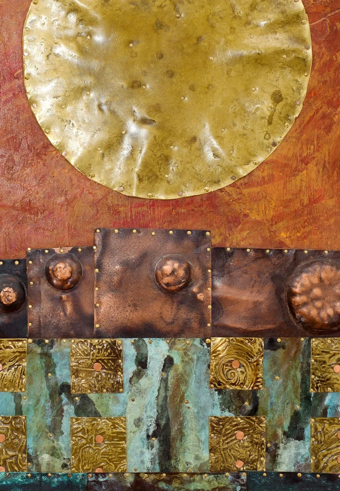 Full Moon in Orange, patinated copper, brass, acrylic on wooden board, 46 × 51 cm, 2017, Private Collection