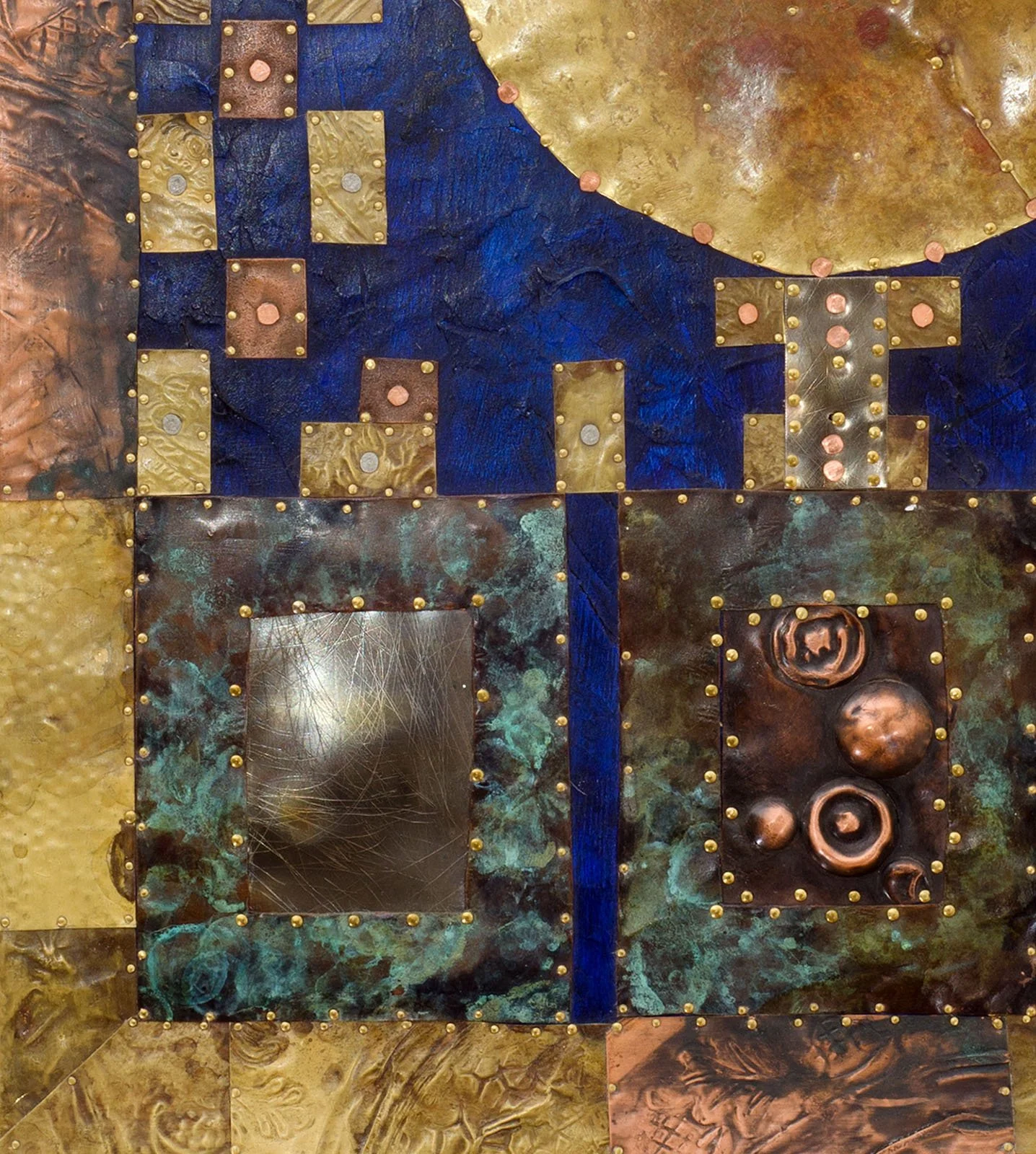 Full Moon in Blue.
Patinated copper, brass, acrylic on wooden board
46 x 51 cm
2017
Available
