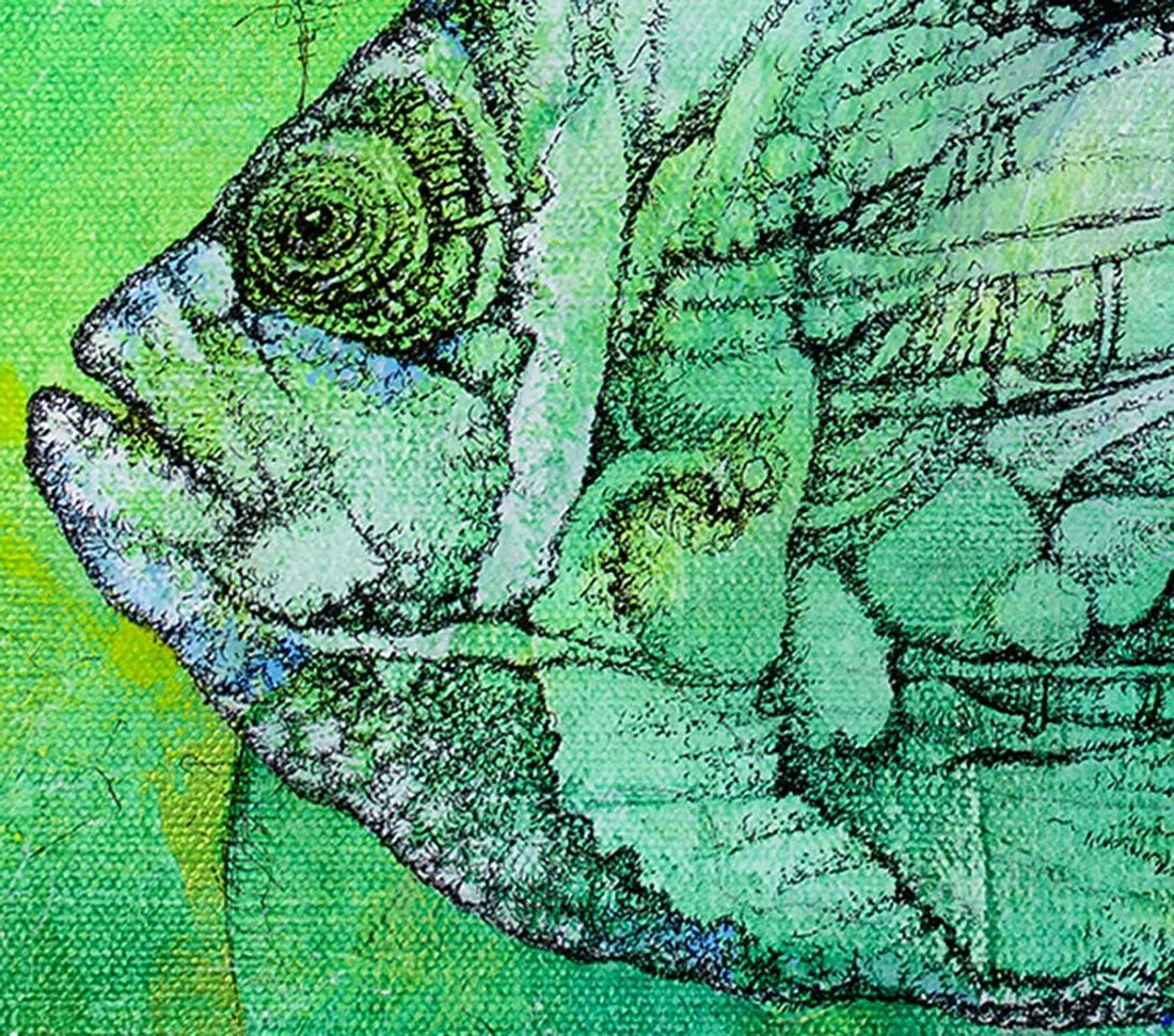 Fish Bones. Acrylic, ink on canvas, 46x61 cm, 2022. Available.