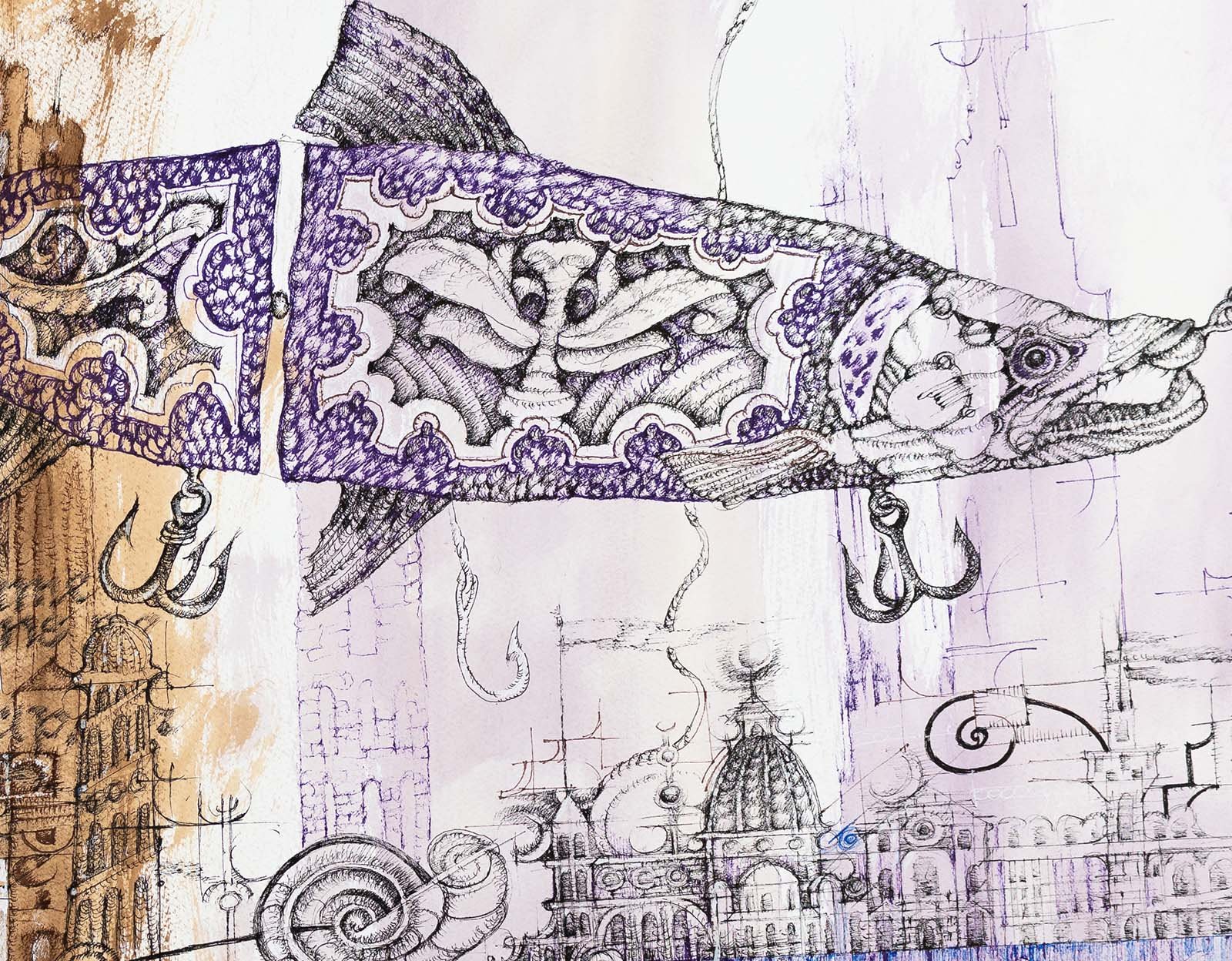 Fishing in the High Renaissance Florence. Ink on paper, 76x56cm, 2022. Available.
