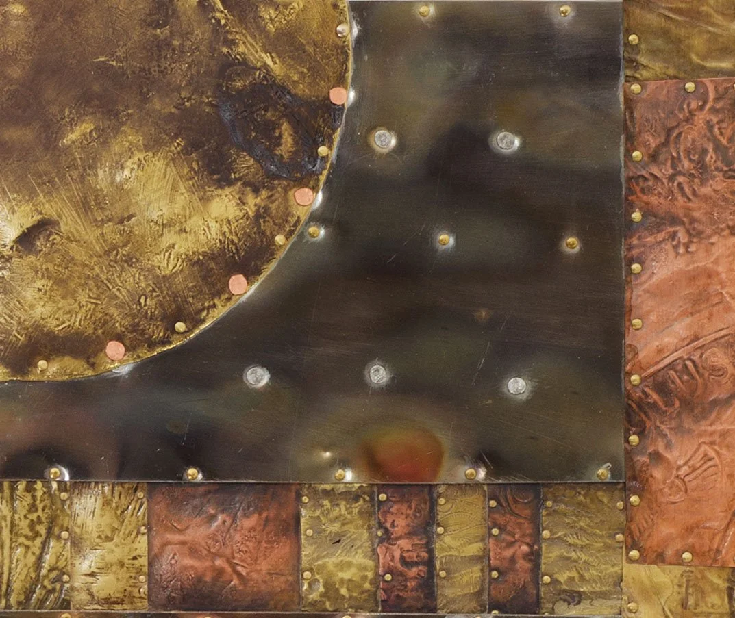Full Moon Eclipse.
Patinated copper, brass, acrylic, stainless steel on wooden board
46 x 51 cm
2017
Available