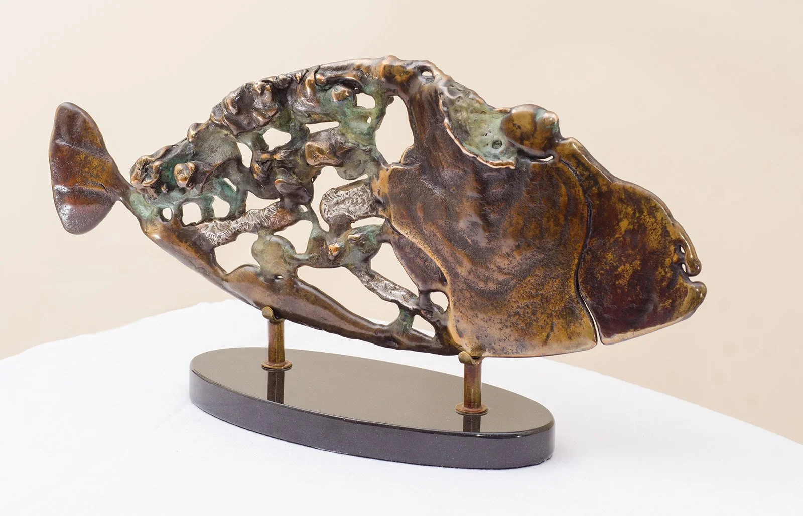 Fugu Fish. 2007. Patinated brass, bronze, stainless steel, marble. 41 x 20 cm. Available