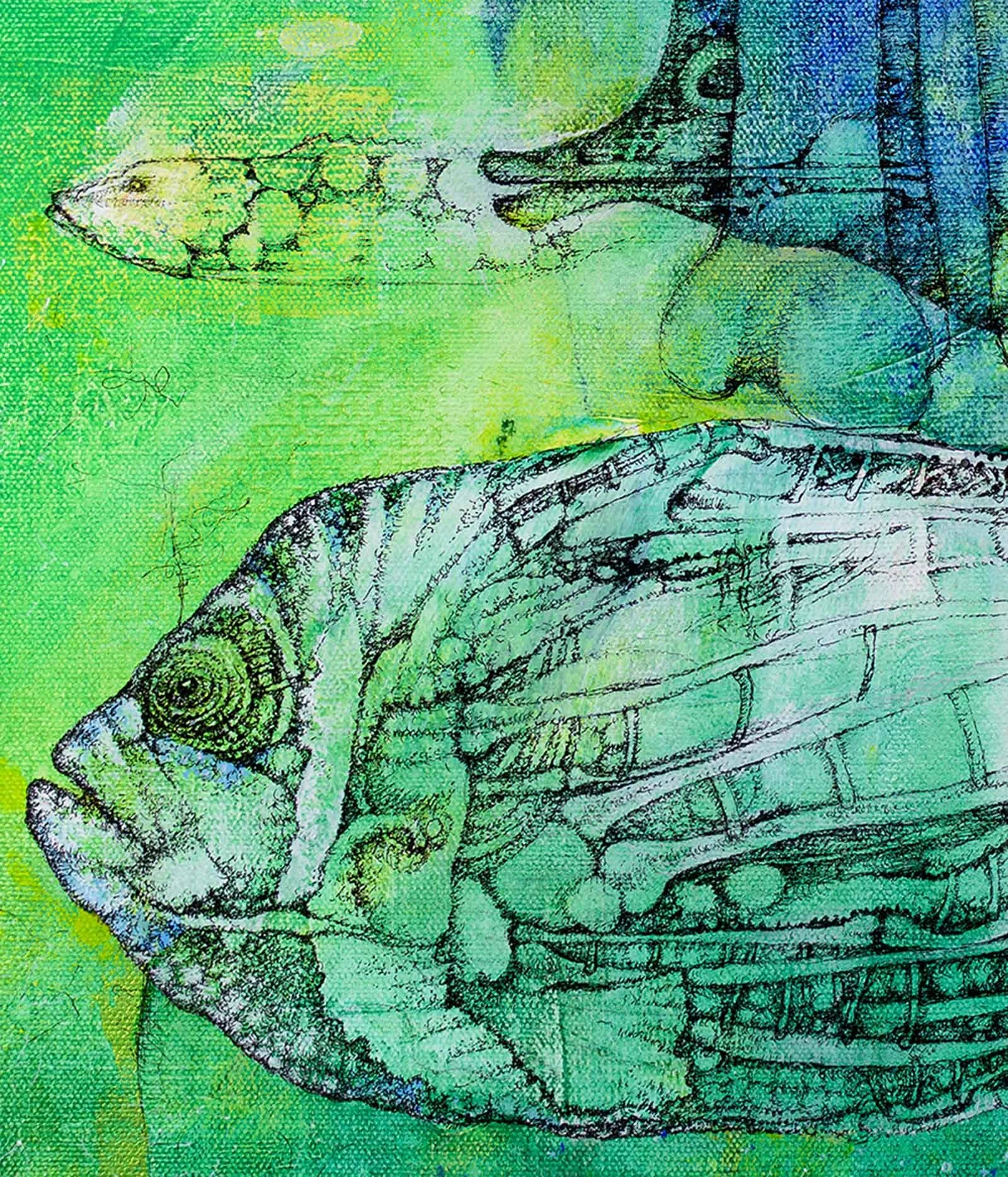 Fish Bones. Acrylic, ink on canvas, 46x61 cm, 2022. Available.