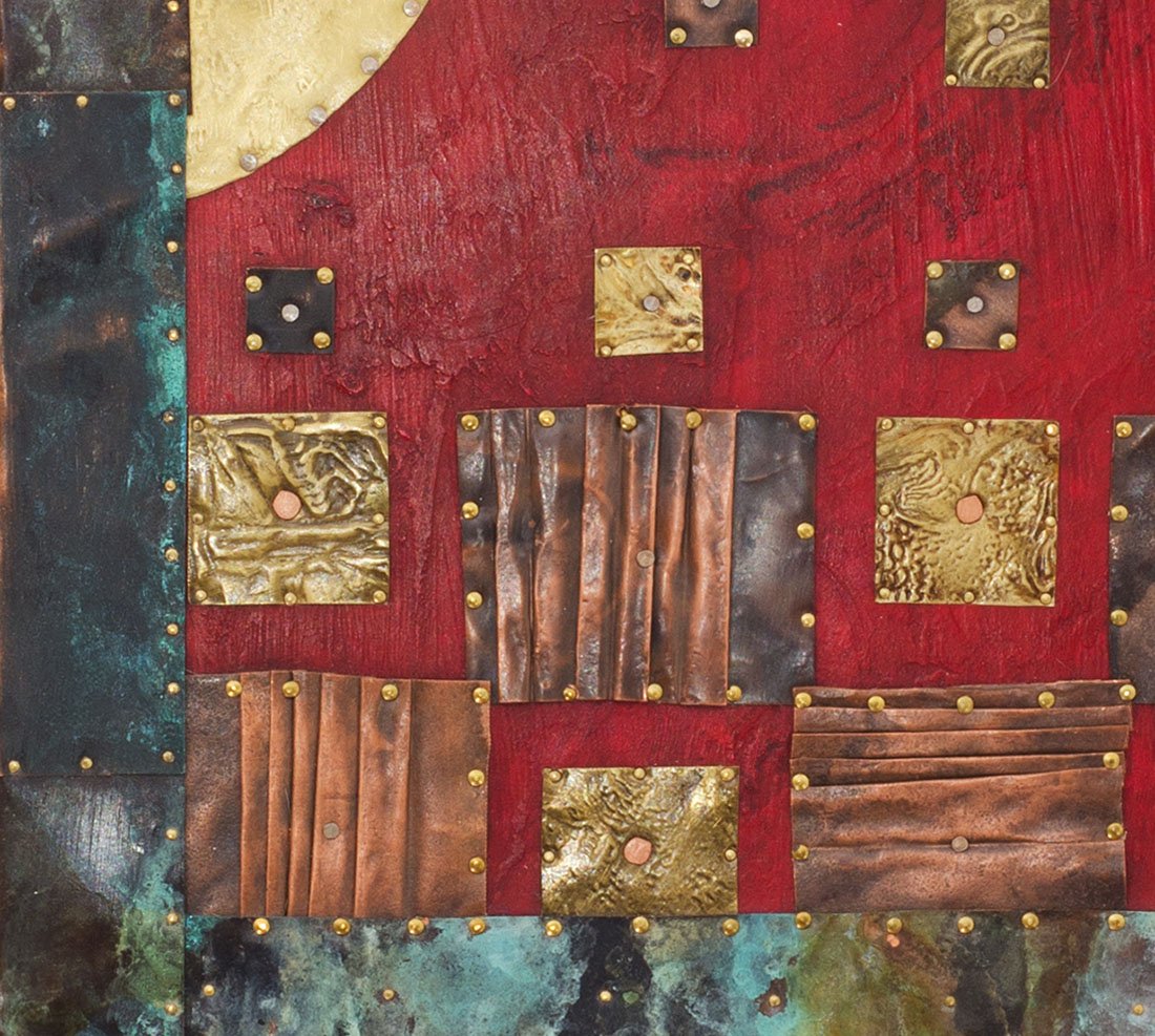 Full Moon in Red.
Patinated copper, brass, acrylic on wooden board
46 x 51 cm
2017
Available