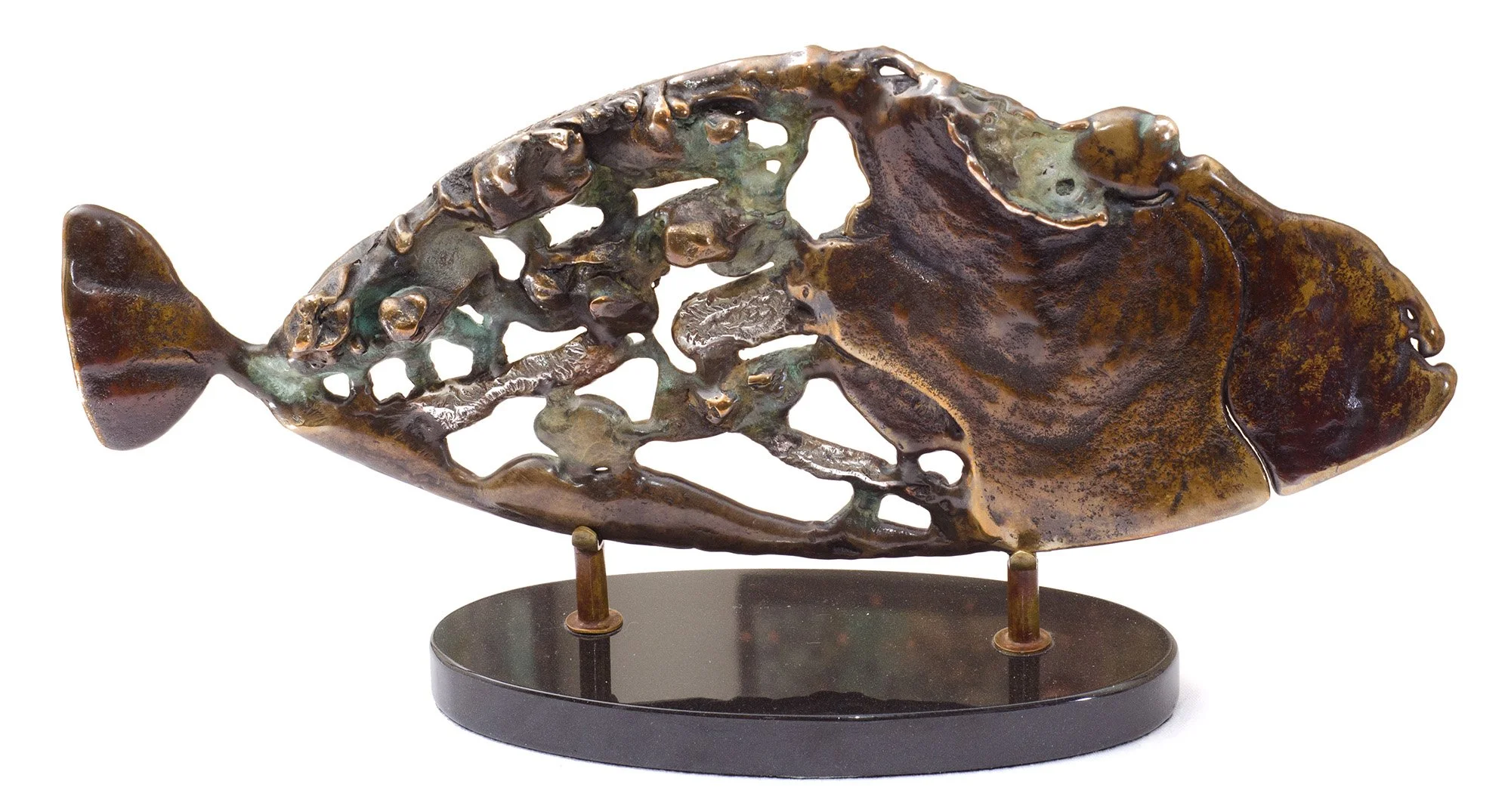 Fugu Fish. 2007. Patinated brass, bronze, stainless steel, marble. 41 x 20 cm. Available