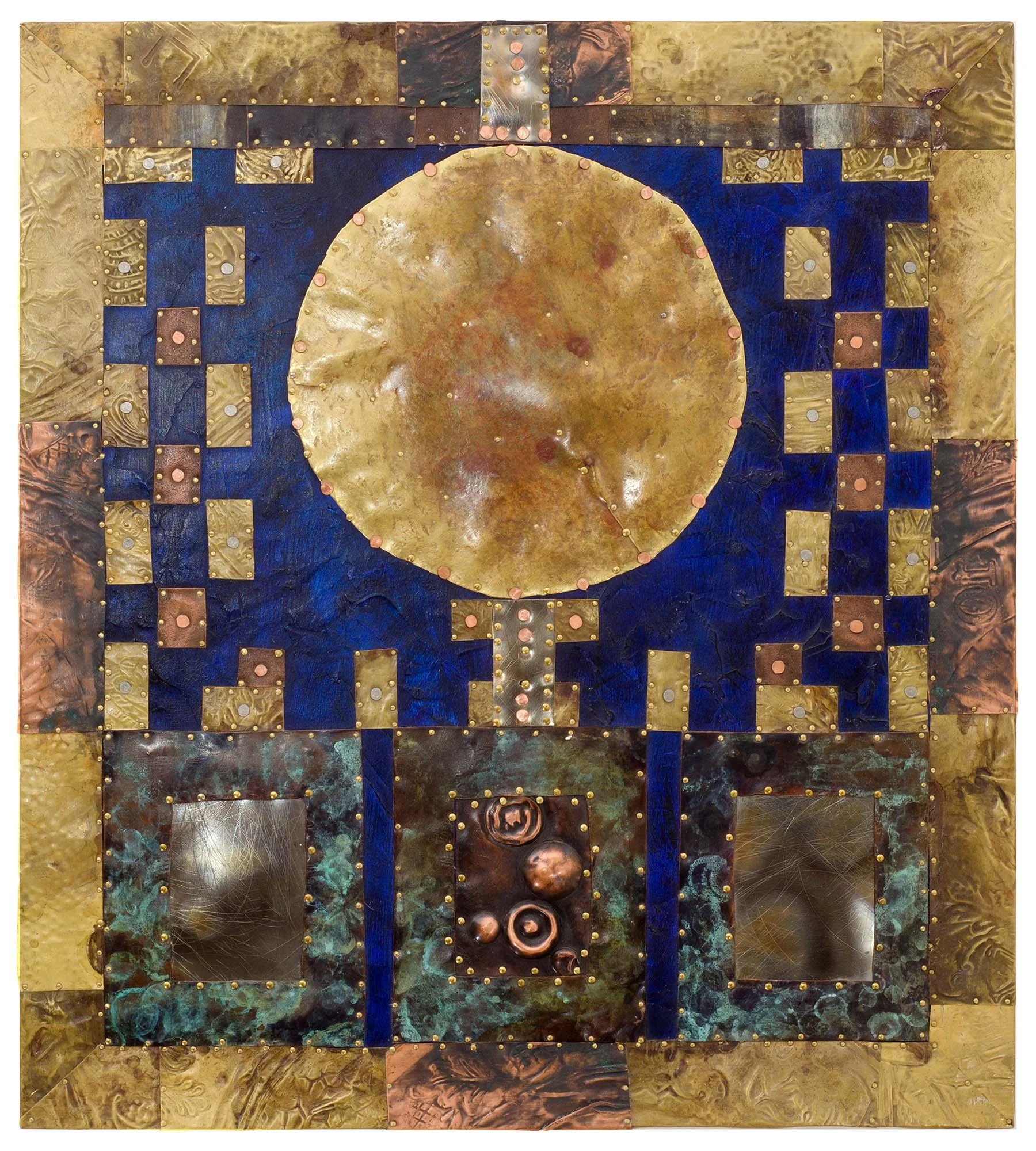 Full Moon in Blue.
Patinated copper, brass, acrylic on wooden board
46 x 51 cm
2017
Available
