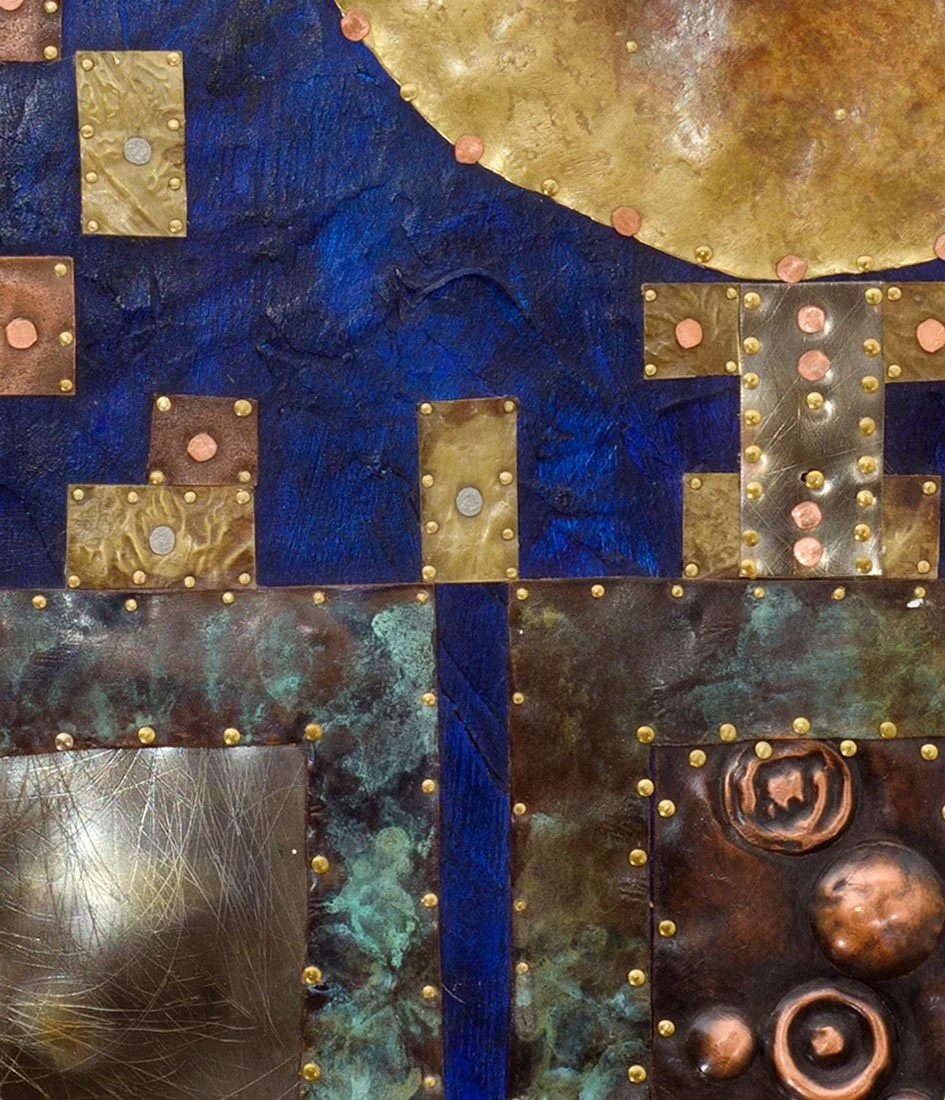 Full Moon in Blue.
Patinated copper, brass, acrylic on wooden board
46 x 51 cm
2017
Available
