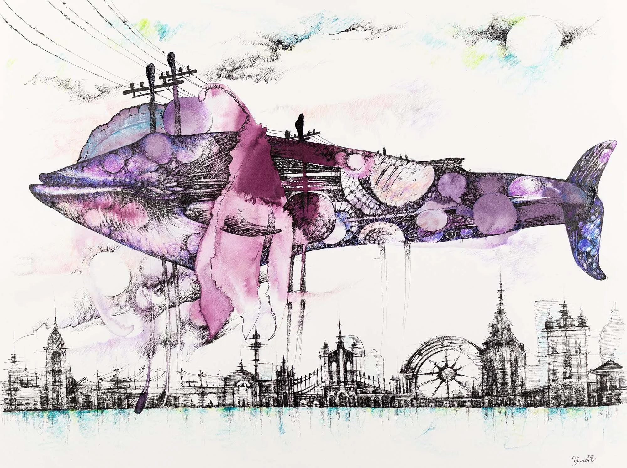 Great Leviathan. Ink and watercolour on paper, 61x46cm, 2022. Available.
