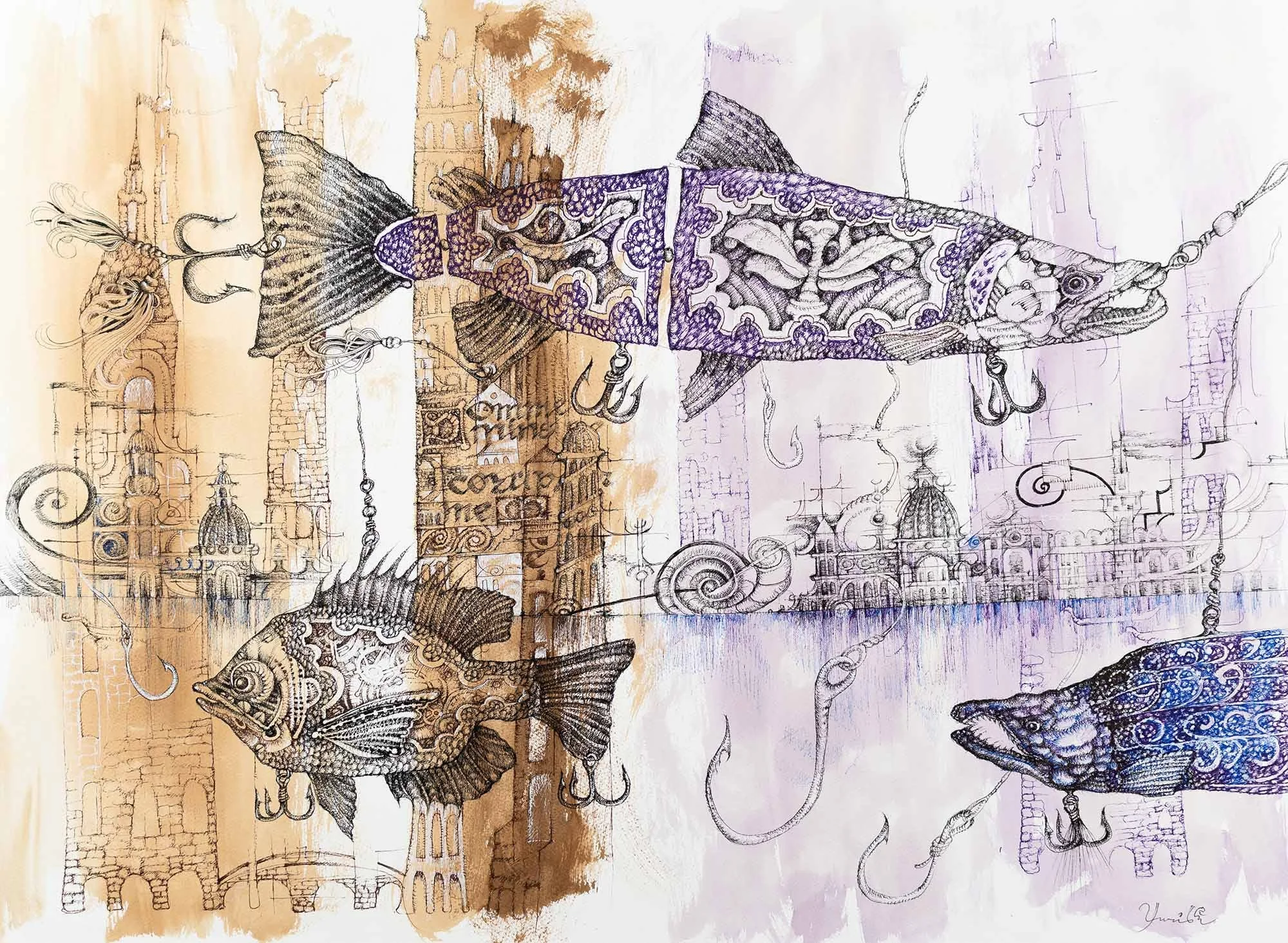 Fishing in the High Renaissance Florence. Ink on paper, 76x56cm, 2022. Available.