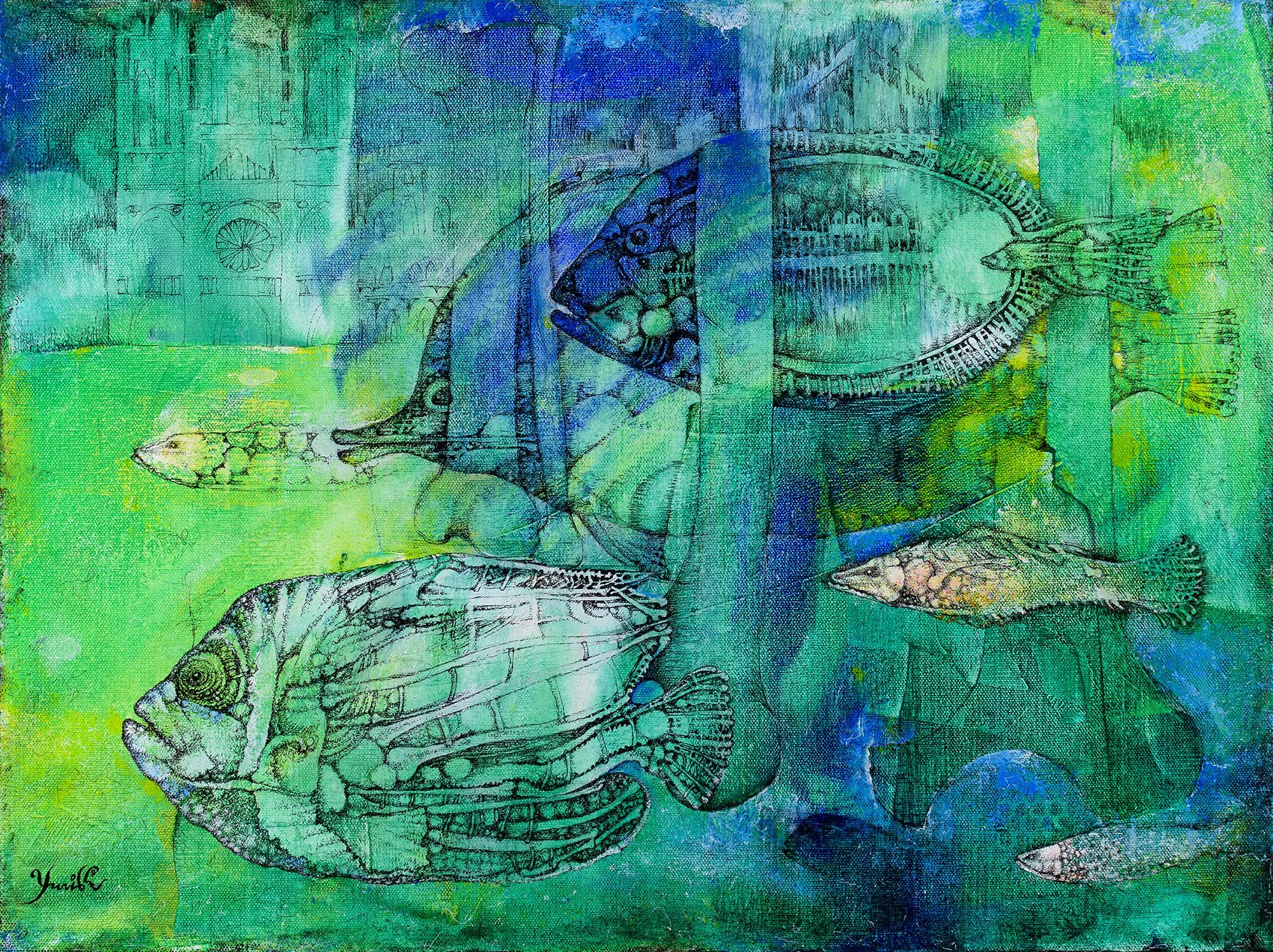 Fish Bones. Acrylic, ink on canvas, 46x61 cm, 2022. Available.