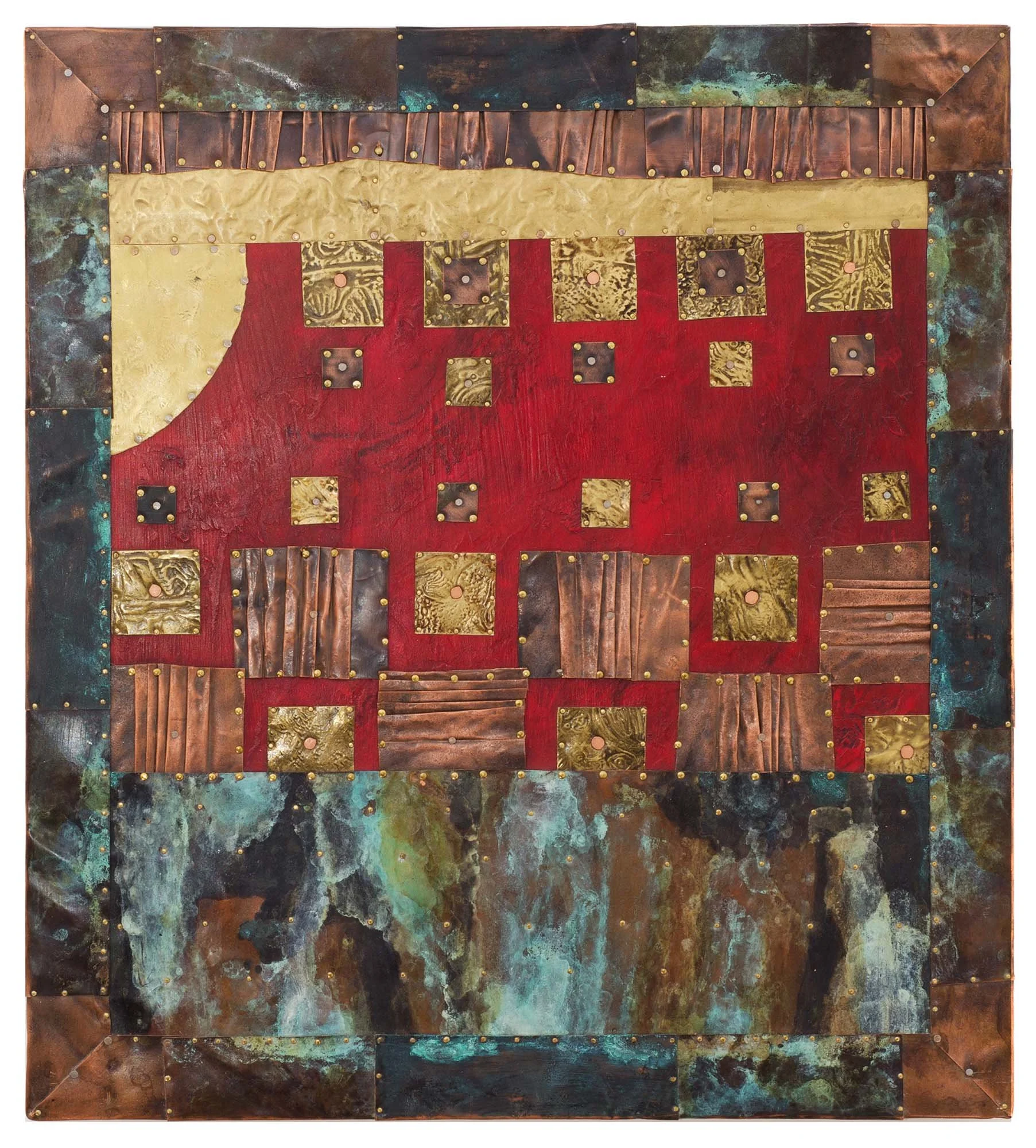 Full Moon in Red.
Patinated copper, brass, acrylic on wooden board
46 x 51 cm
2017
Available