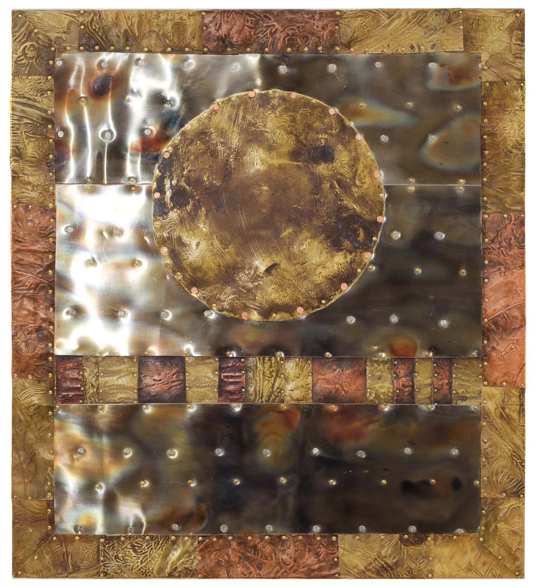 Full Moon Eclipse.
Patinated copper, brass, acrylic, stainless steel on wooden board
46 x 51 cm
2017
Available