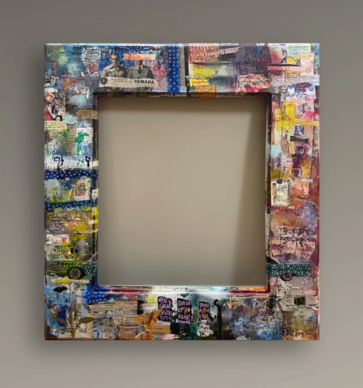 Urban Planning Minor No.2 / 2024 / 27" x 25" Mixed Media on wood. My intent for this series is to represent chunks of life swiped from a fictional urbania.