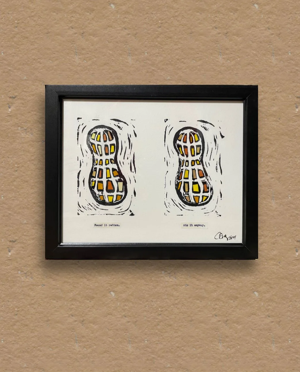 Found a Peanut / 2024 / 8" x 10" Linocut Prints and Mixed Media on paper.  
Proudly in the collection of Ryan Hays.