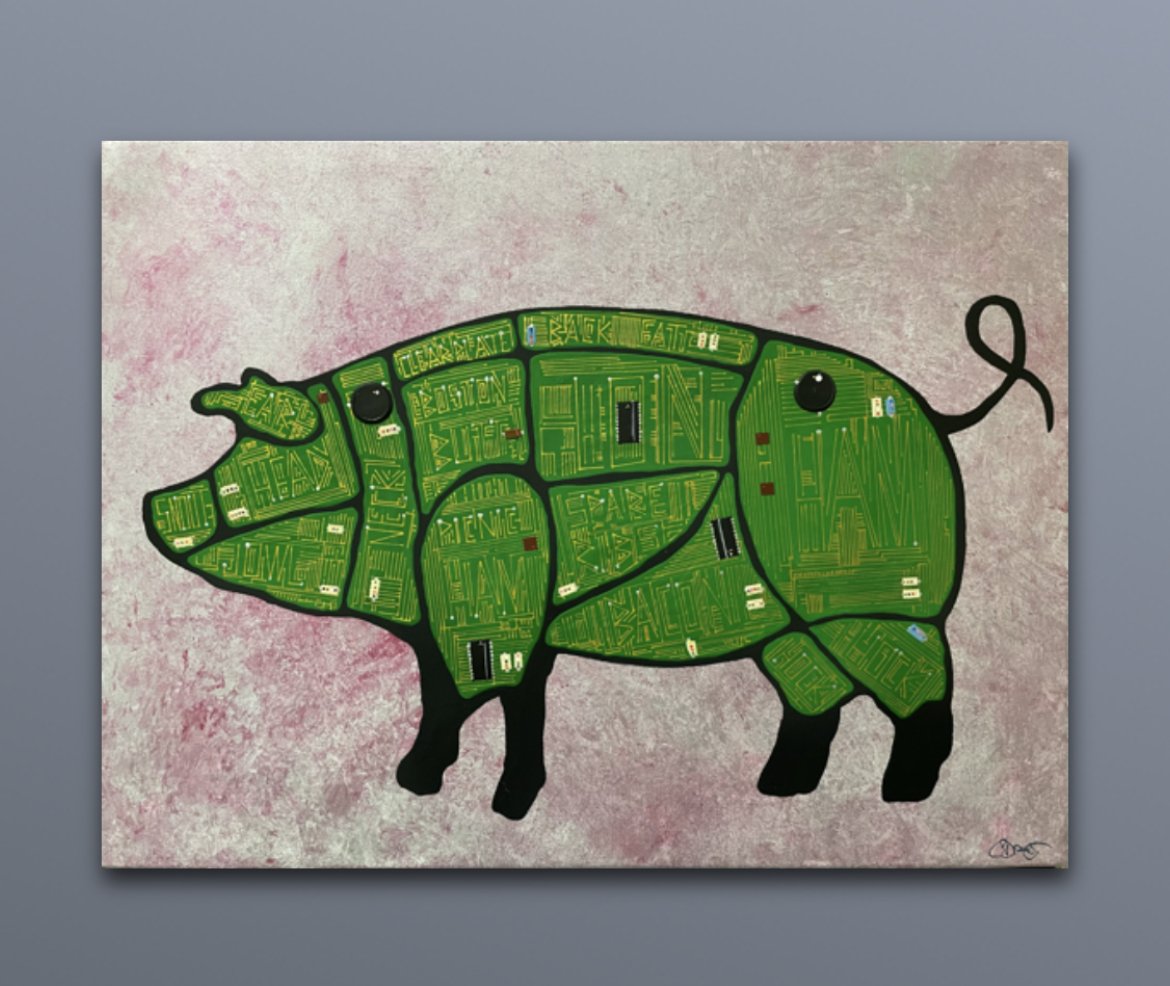 Pigged Circuit Board / 2022 / 18" x 24" Acrylic and Ink on canvas.  In the extensive collection of Frank DiMaggio.