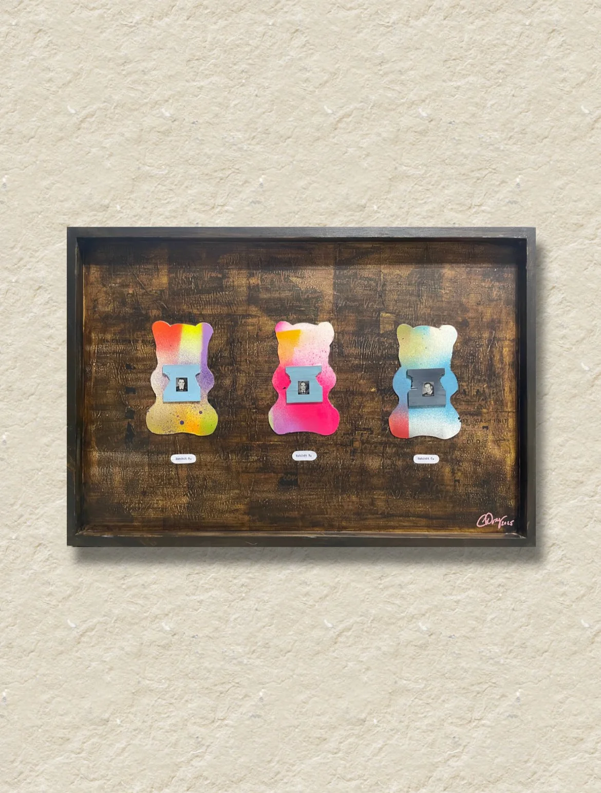 Middleman / 2025 / 24" x 16" Ink, Spray paint, Acrylic, Wood, and Paper on wood panel.
In the private collection of Mark and Amy V.