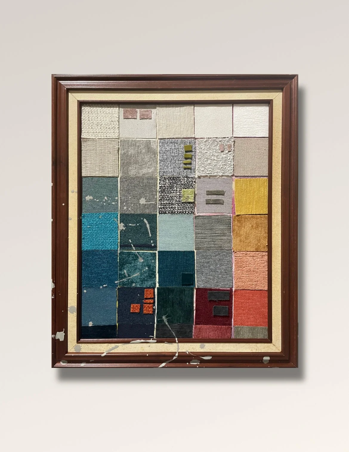 Pitch / 2024 / 16" x 20" Fabric and Acrylic on canvas in custom frame.  
Proudly in my home collection.