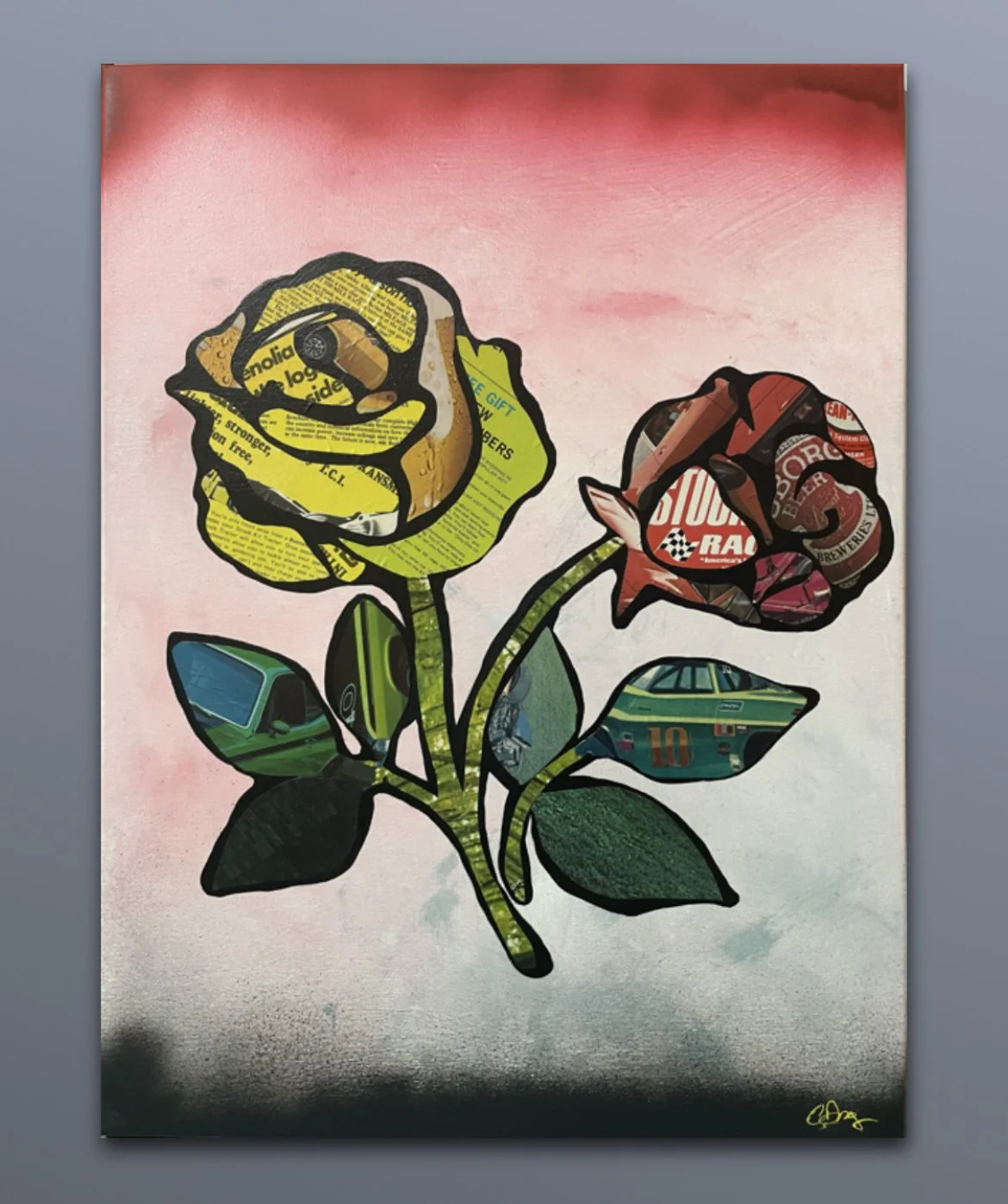 Carden / 2022 / 18" x 24" Acrylic, Spray Paint, and vintage hot rod magazines on canvas.  Stickers and other merchandise with this image are available for purchase - click the picture!