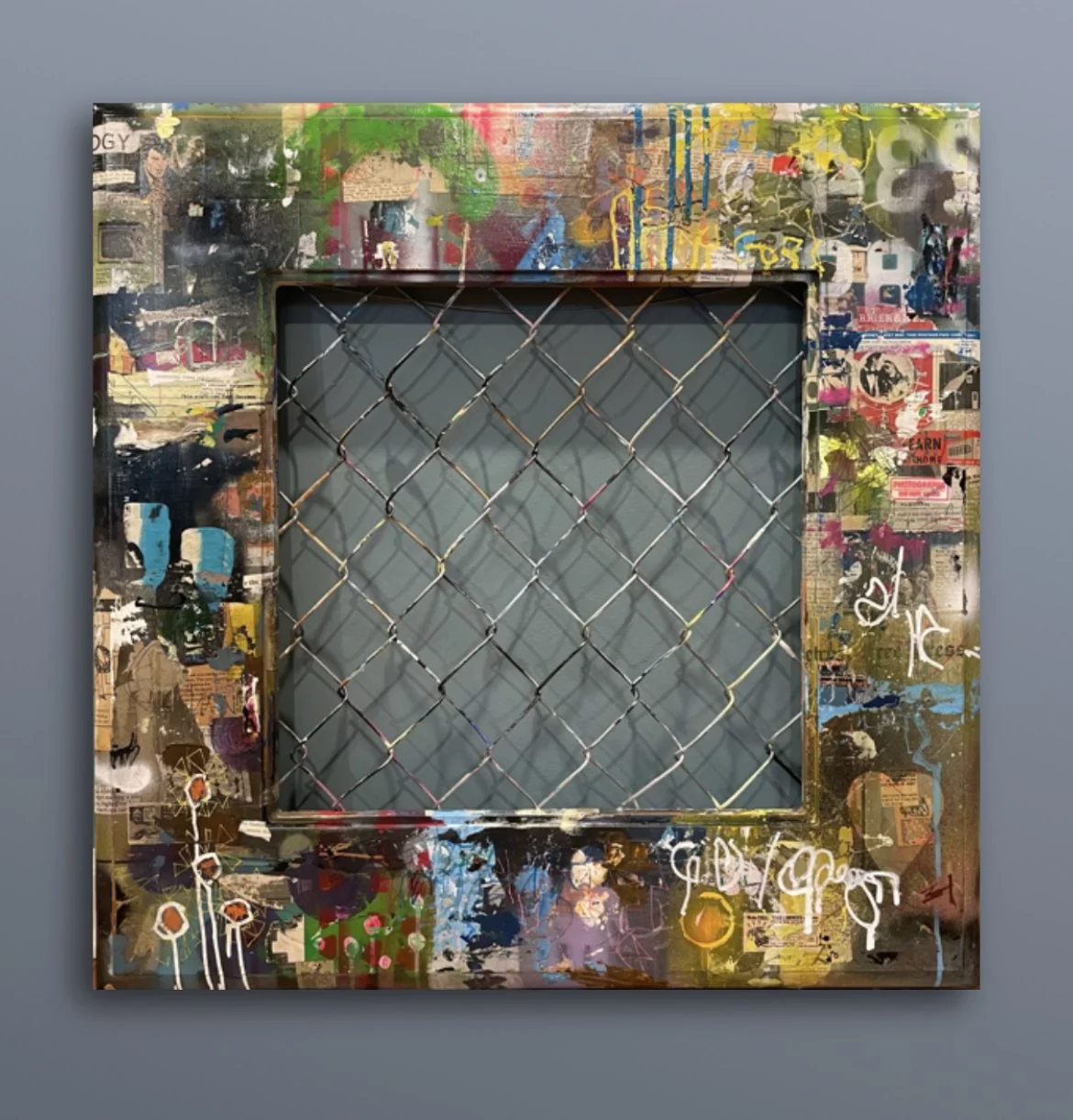 Urban Planning Minor No. 1 / 2023 / 28" x 28" Mixed Media on wood. My intent for this series is to represent chunks of life swiped from a fictional urbania.