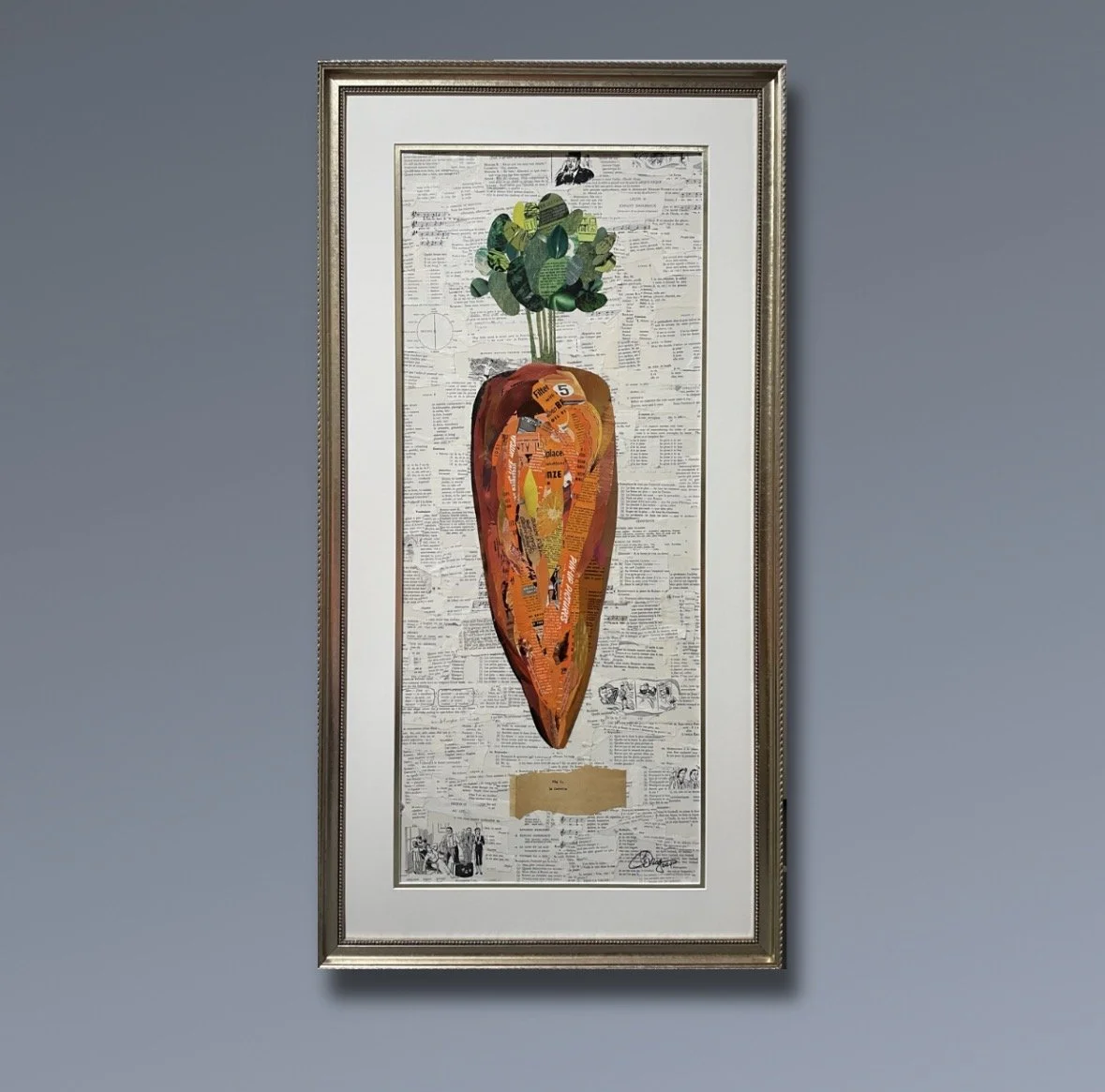 Figure 5.  La Carotte / 2024 / 40" x 20" Mixed Media on hardboard.
On display at Food Gatherers, Ann Arbor, MI.  Click for closer views.
