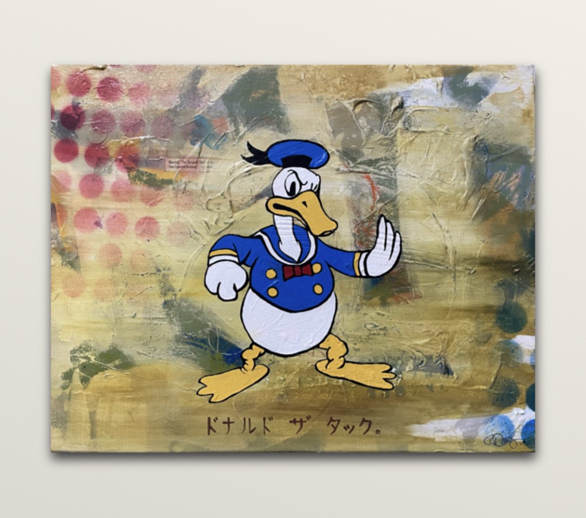 The Infamous Donald The Duck / 2022 / 16" x 20" Acrylic, Spray Paint, and vintage magazine clippings on canvas.  In a private collection.