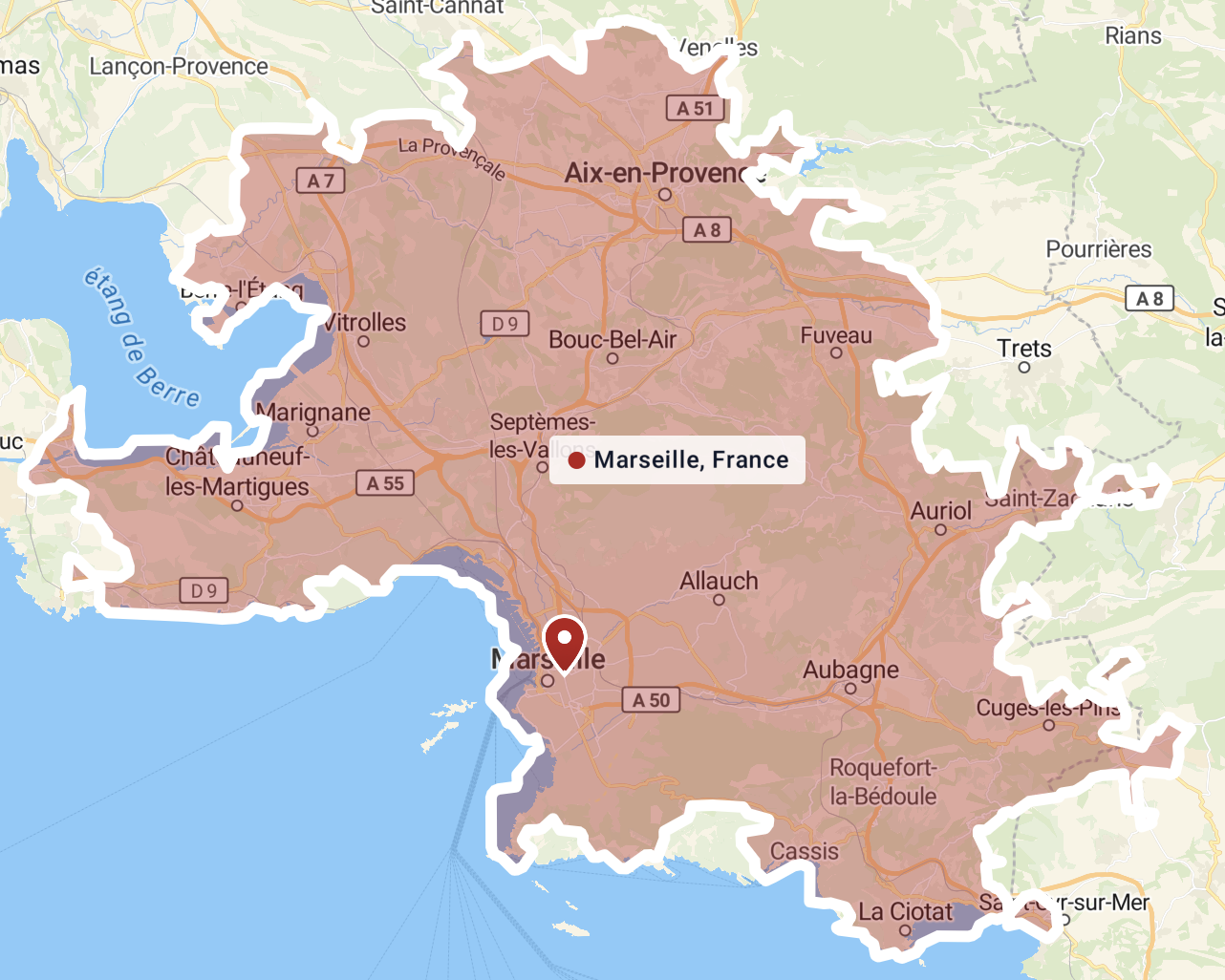 Carte de la région de Marseille, France, montrant ses limites administratives, ses villes principales, et la mer Méditerranée à l'ouest.