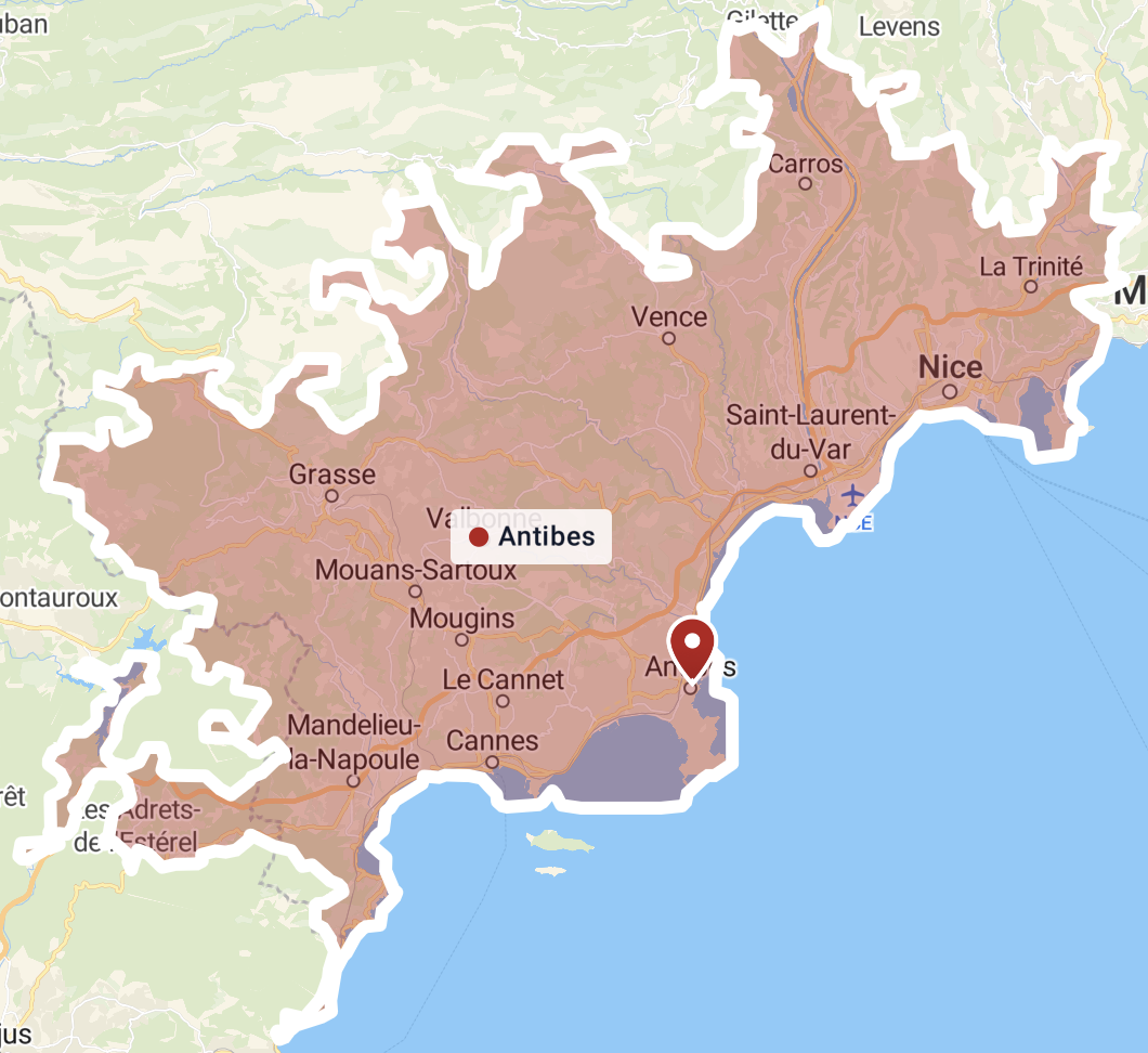 Carte de la région de Nice avec des emplacements marqués, notamment Antibes, Vence, et Menton, dans le sud de la France.