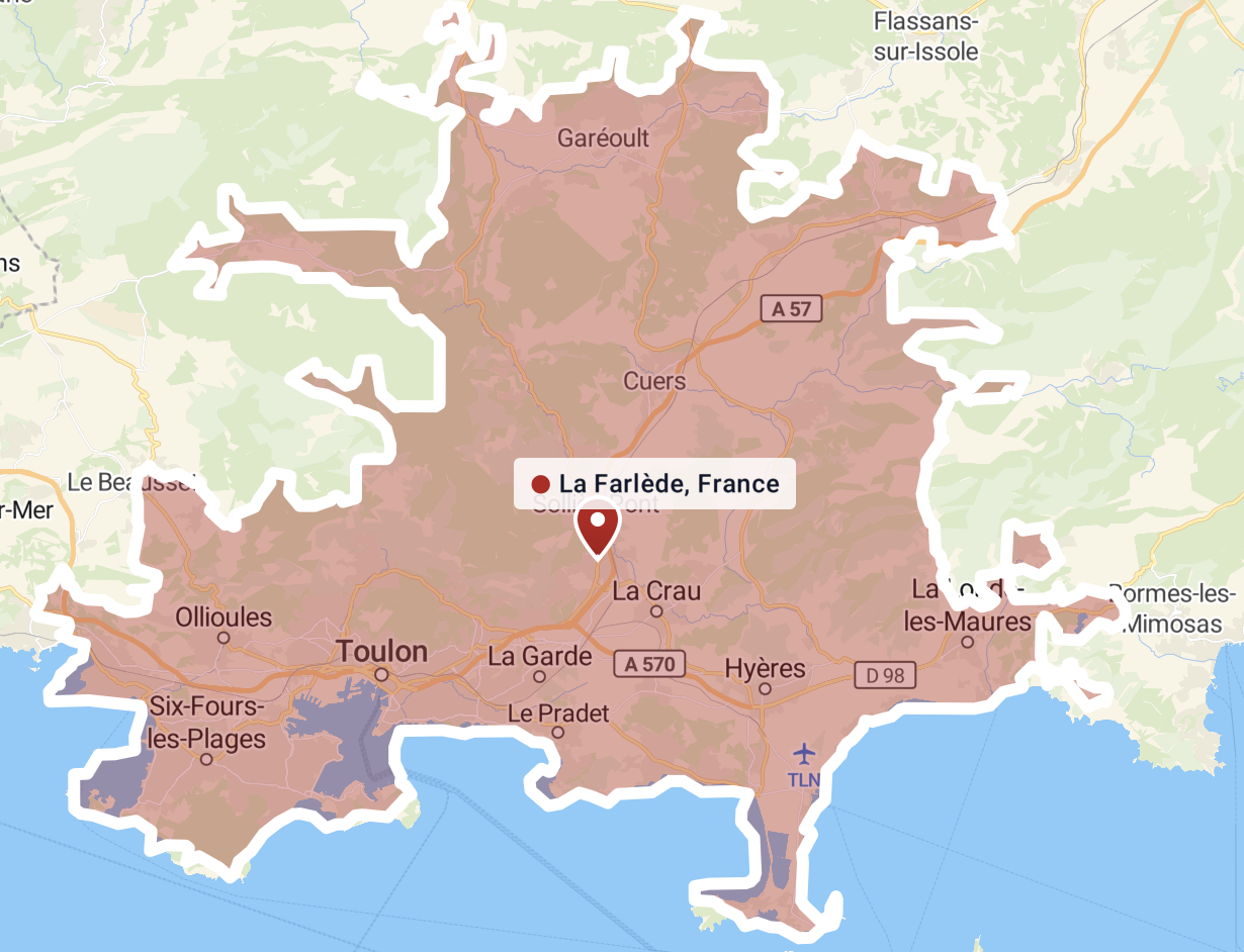 Carte de la région de La Farlède, en France, montrant ses limites municipales et ses environs, avec des villes comme Toulon, Six-Fours-les-Plages, Hyères et Cuers, ainsi que des routes principales et la mer Méditerranée.