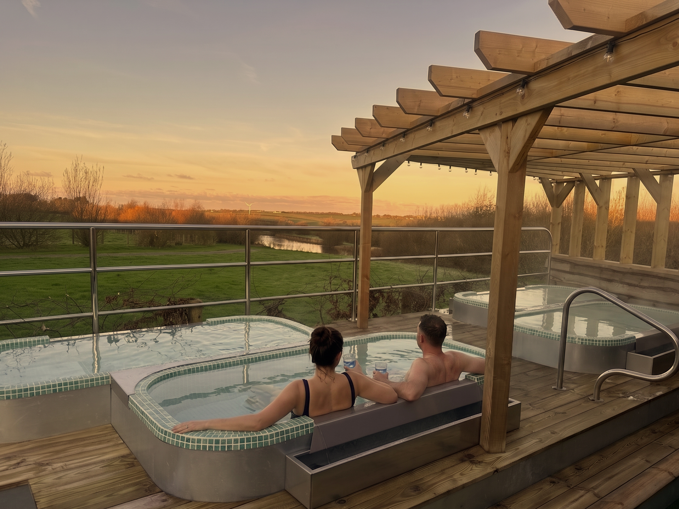 Two people are relaxing in hot tubs on a wooden deck while watching a sunset over a rural landscape with trees and wind turbines in the distance.